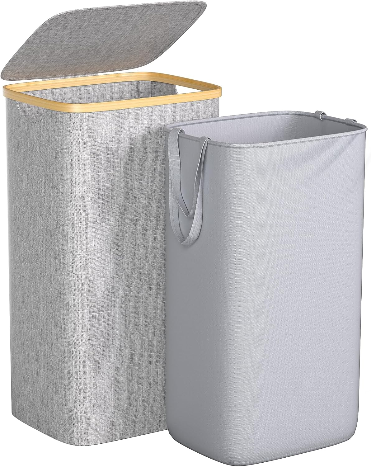 Large Laundry Hamper, 100L Waterproof Laundry Basket with Lid and Removable Bag, Collapsible Tall Clothes Hamper with Bamboo Handles for Clothes Toys in Dorm Bedroom Bathroom, Grey