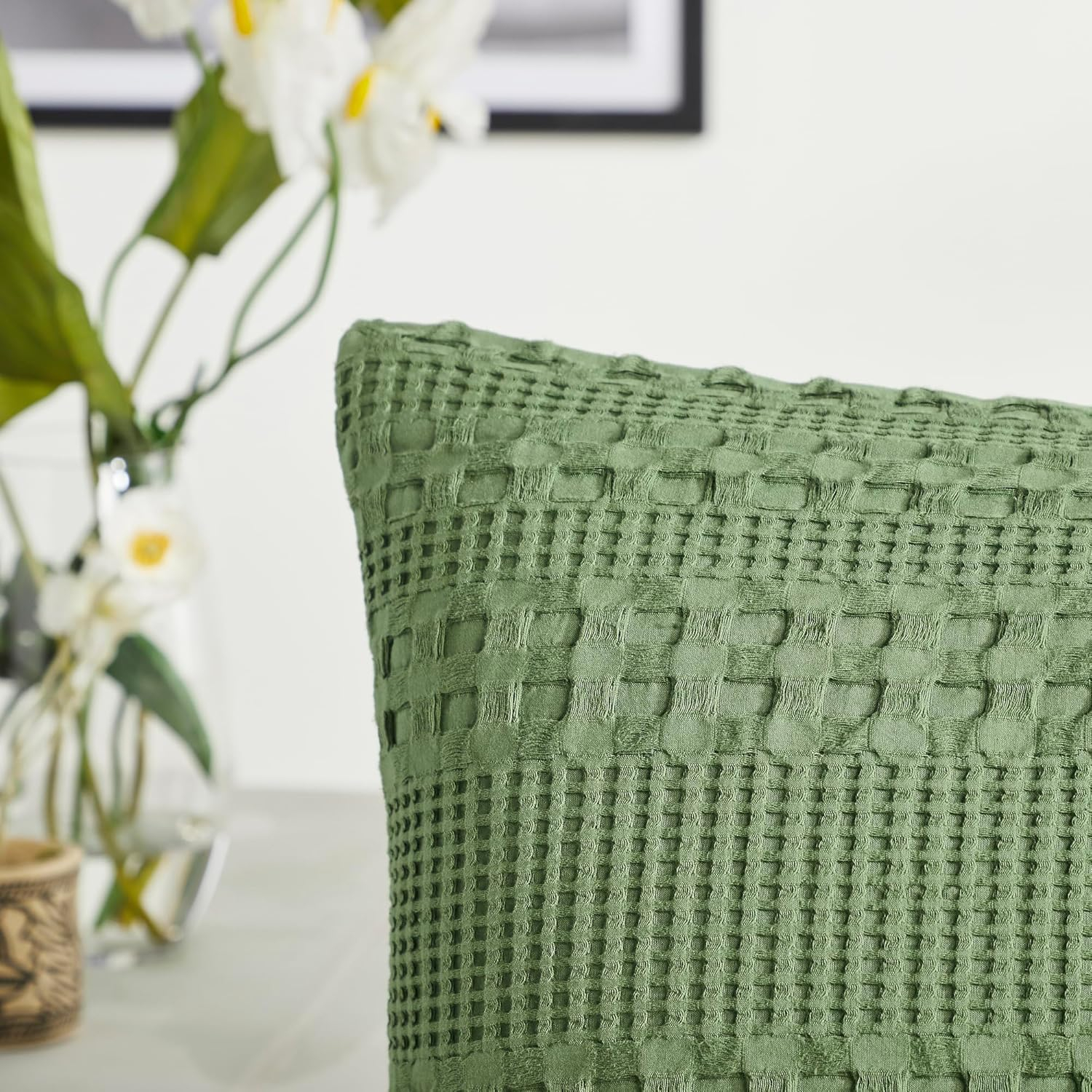 VHC Brands 100% Cotton Waffle Weave Olive Green Standard Sham Set of 2 20x26, Decorative Throw Pillow Covers/Shams, Boho Farmhouse Bedroom Decor