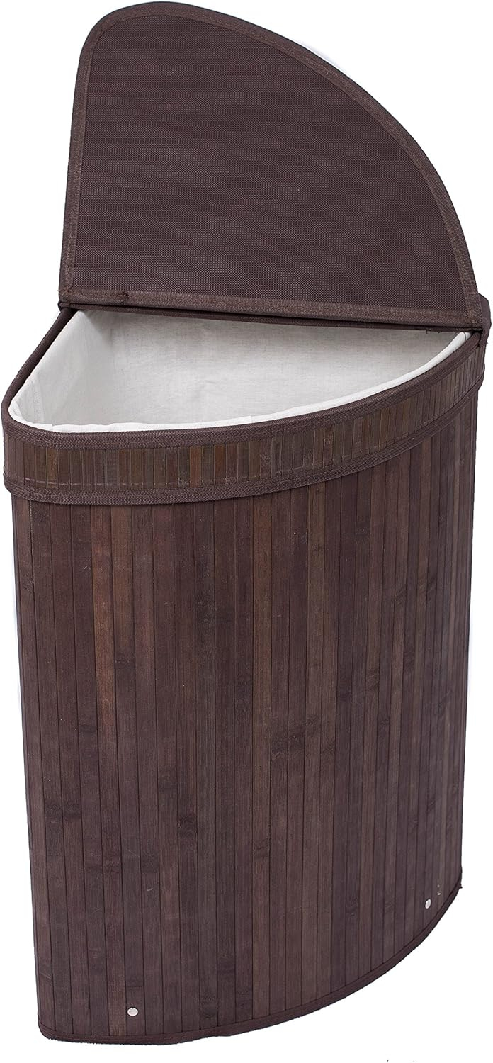 Espresso Bamboo Corner Laundry Hamper with Lid and Cloth Liner