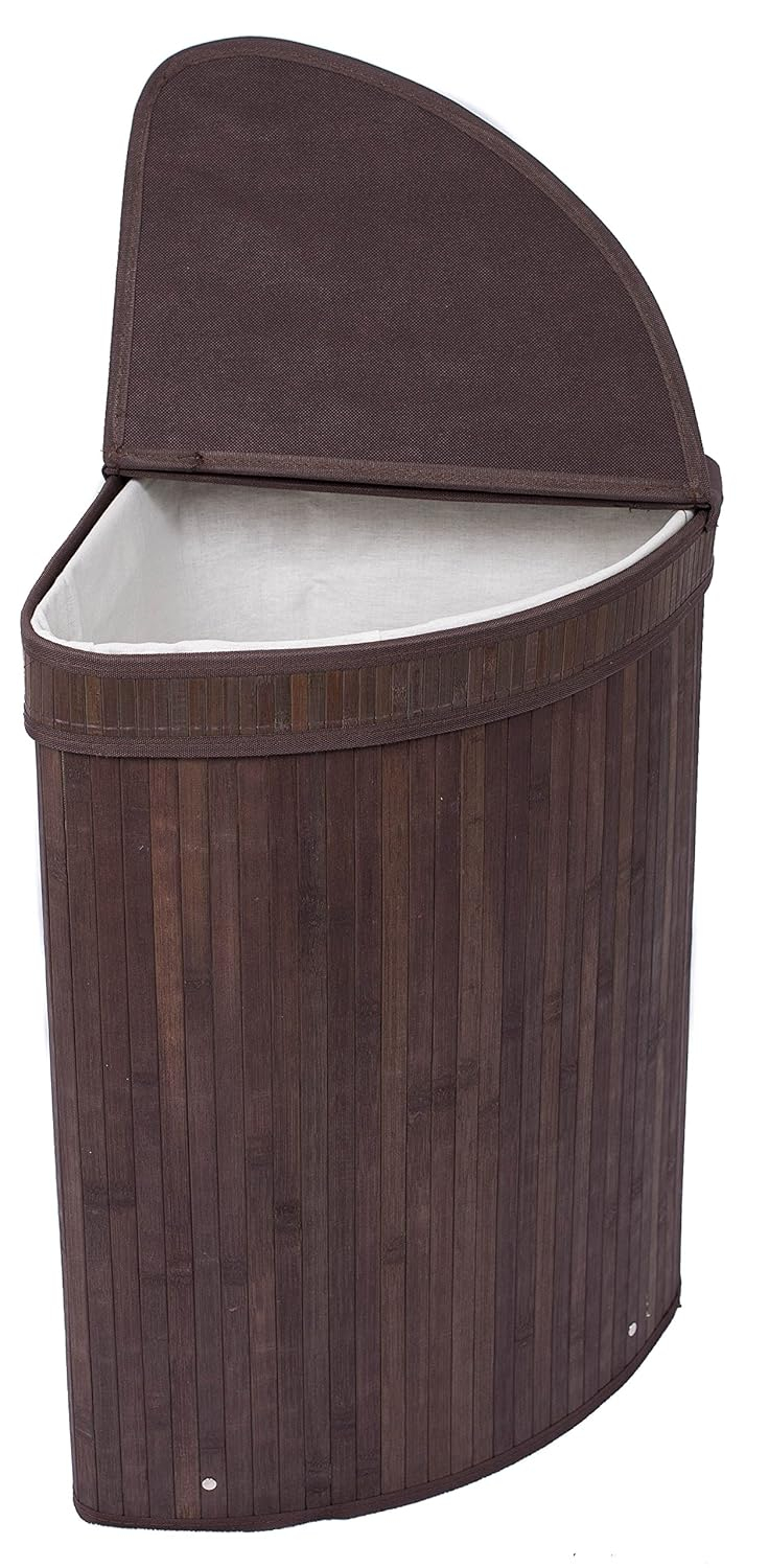 Espresso Bamboo Corner Laundry Hamper with Lid and Cloth Liner