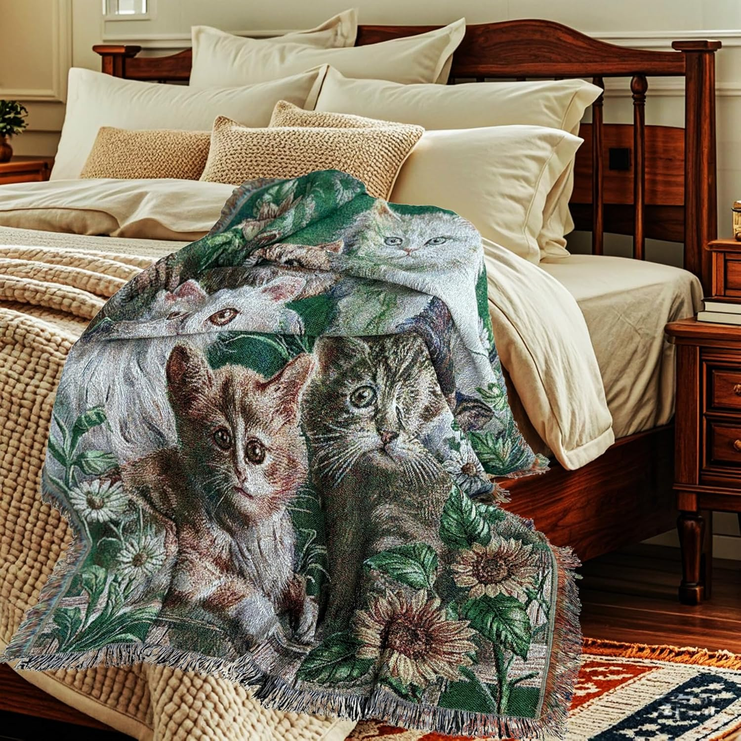 EZ.enjoy Garden Cat Flower Woven Tapestry Throw Blanket Wall Hanging Art Handicrafts Jacquard Multipurpose Soft Travel Mat Outdoor with Fringe Tassels 50 X 60 Inches