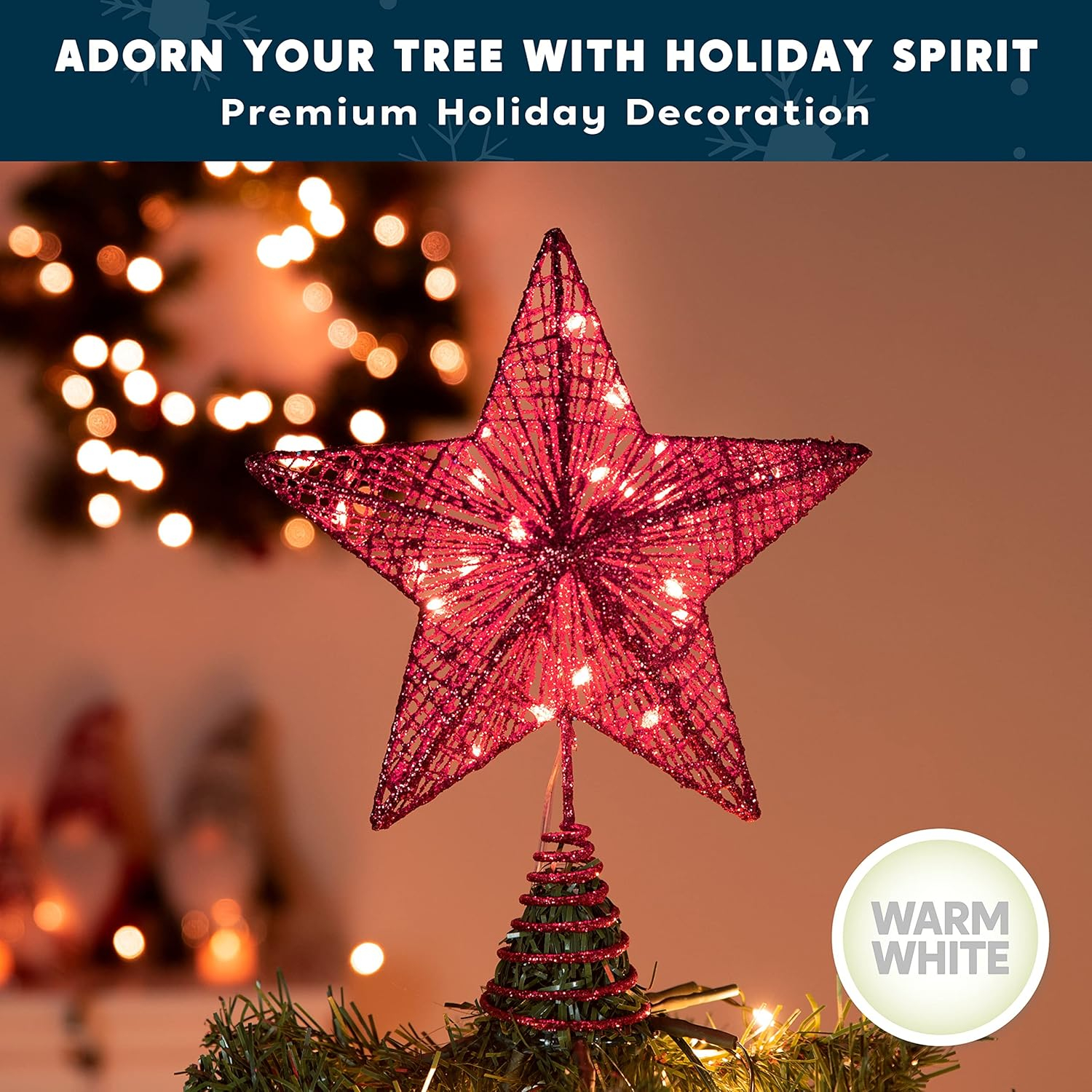 Red Glitter Metal Star Christmas Tree Topper with LED Lights