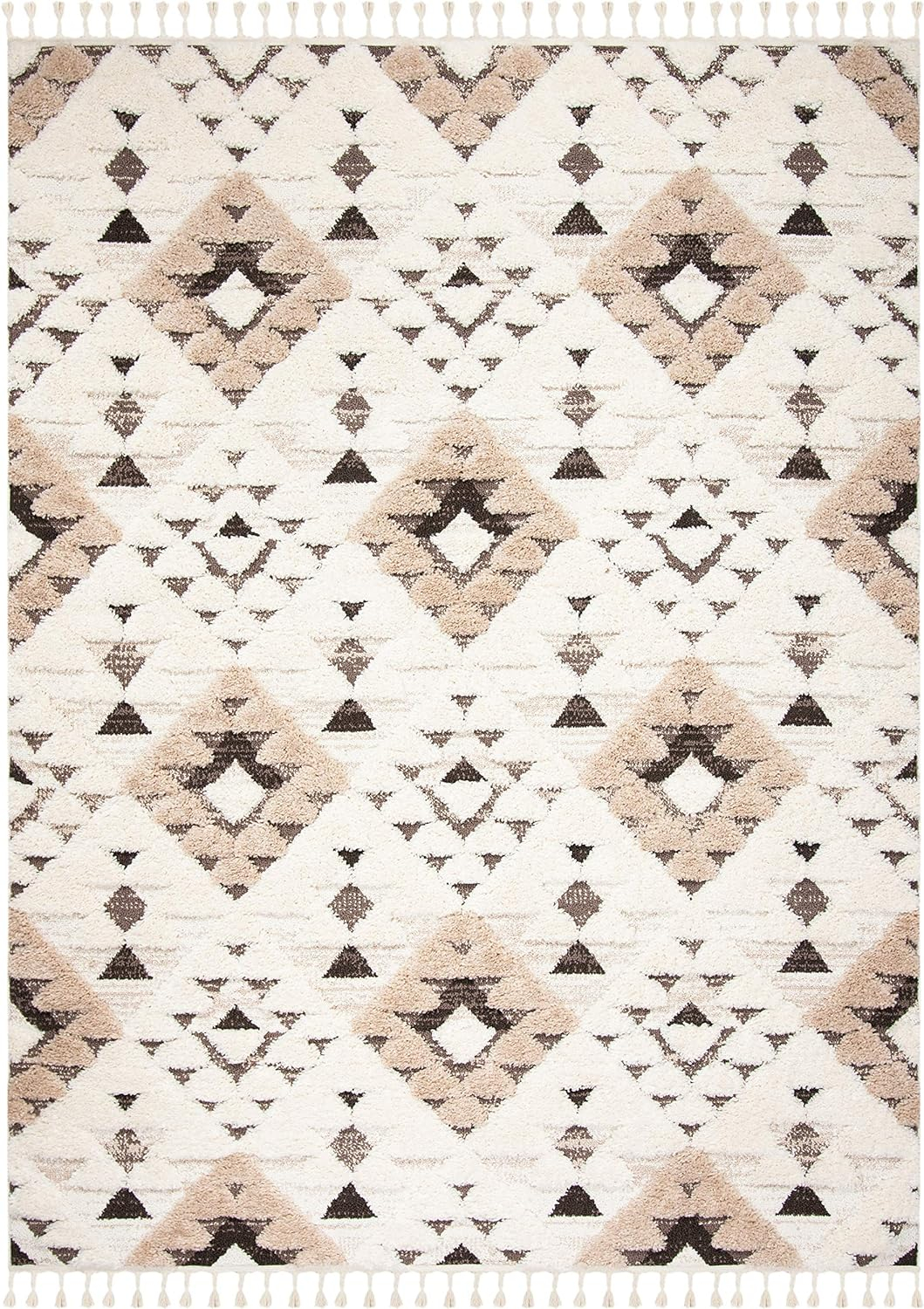 SAFAVIEH Moroccan Tassel Shag Larry Moroccan Geometric Area Rug, Ivory/Brown, 9' x 12'