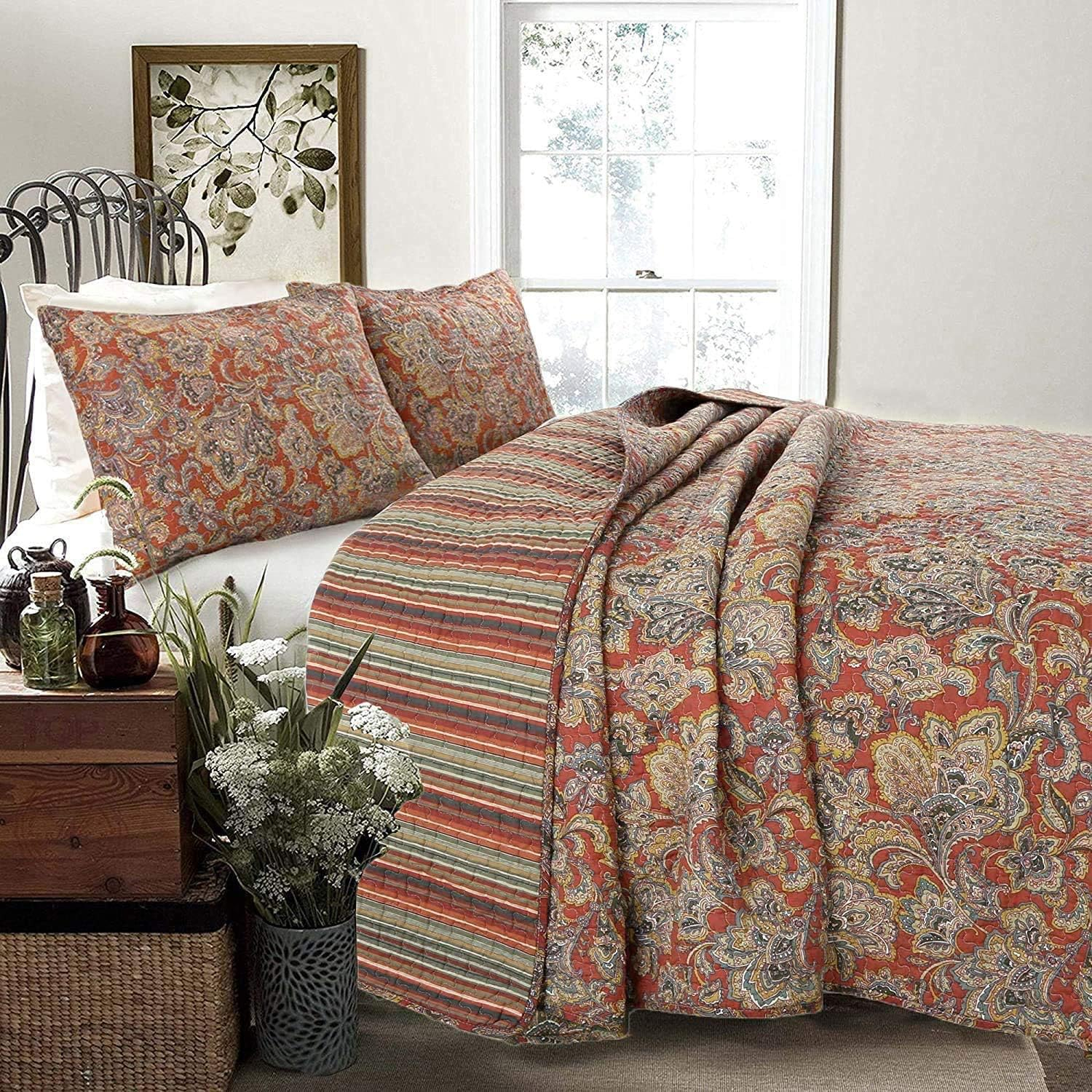 Cozy Line Home Fashions Red Orange Vintage Reversible 100% Cotton 3-Piece Quilt Bedding Set, Coverlet Bedspread (Lara Spice Paisley, Queen - 3 Piece)