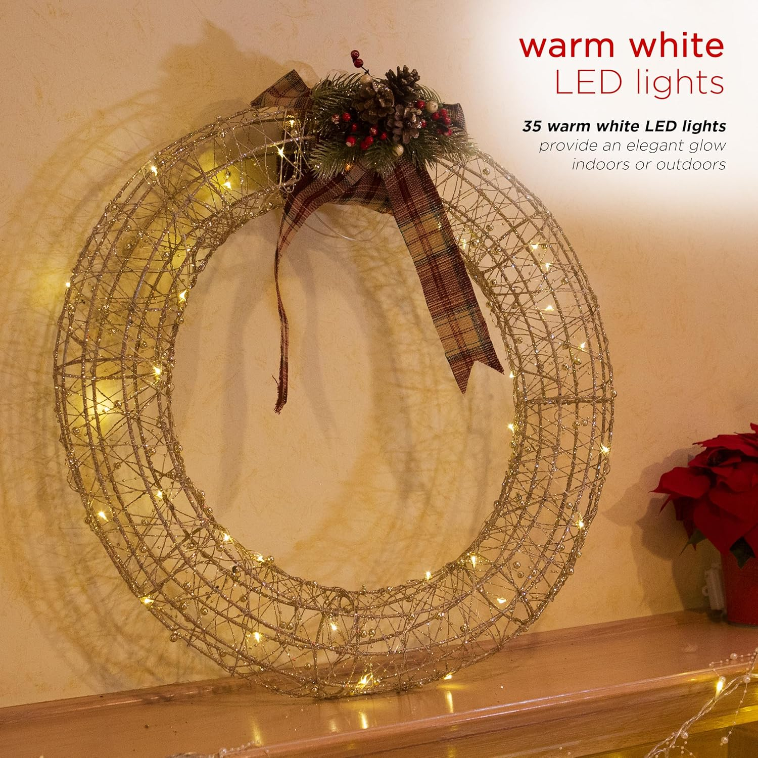 Hanging Christmas Wreath Decoration with Warm White LED Lights, Gold