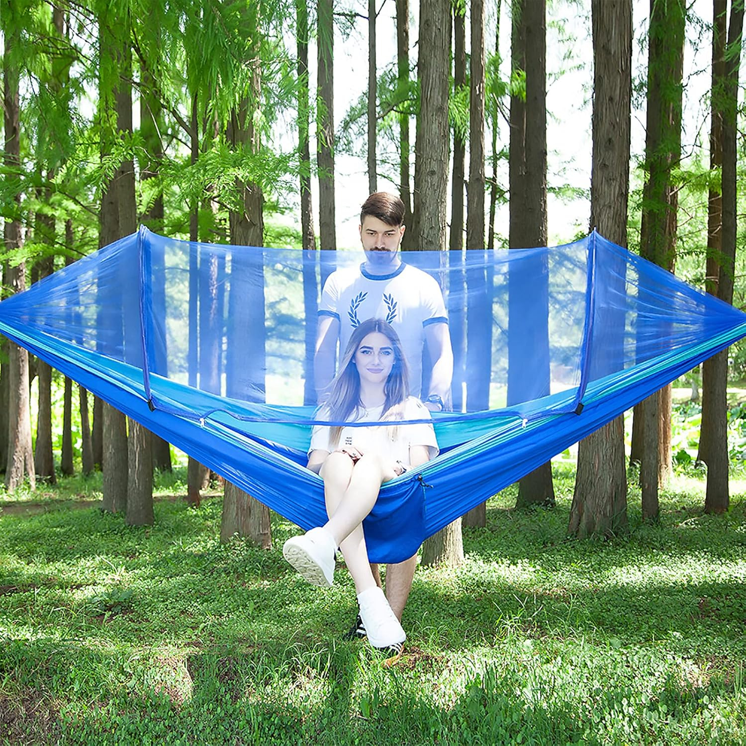 LFL Camping Hammock with Mosquito Net, Hammocks with 13ft Tree Straps Carabiners, Automatic Quick Open Outdoor Portable Hammock, Nylon Parachute Material Outside Hammock with net, Blue