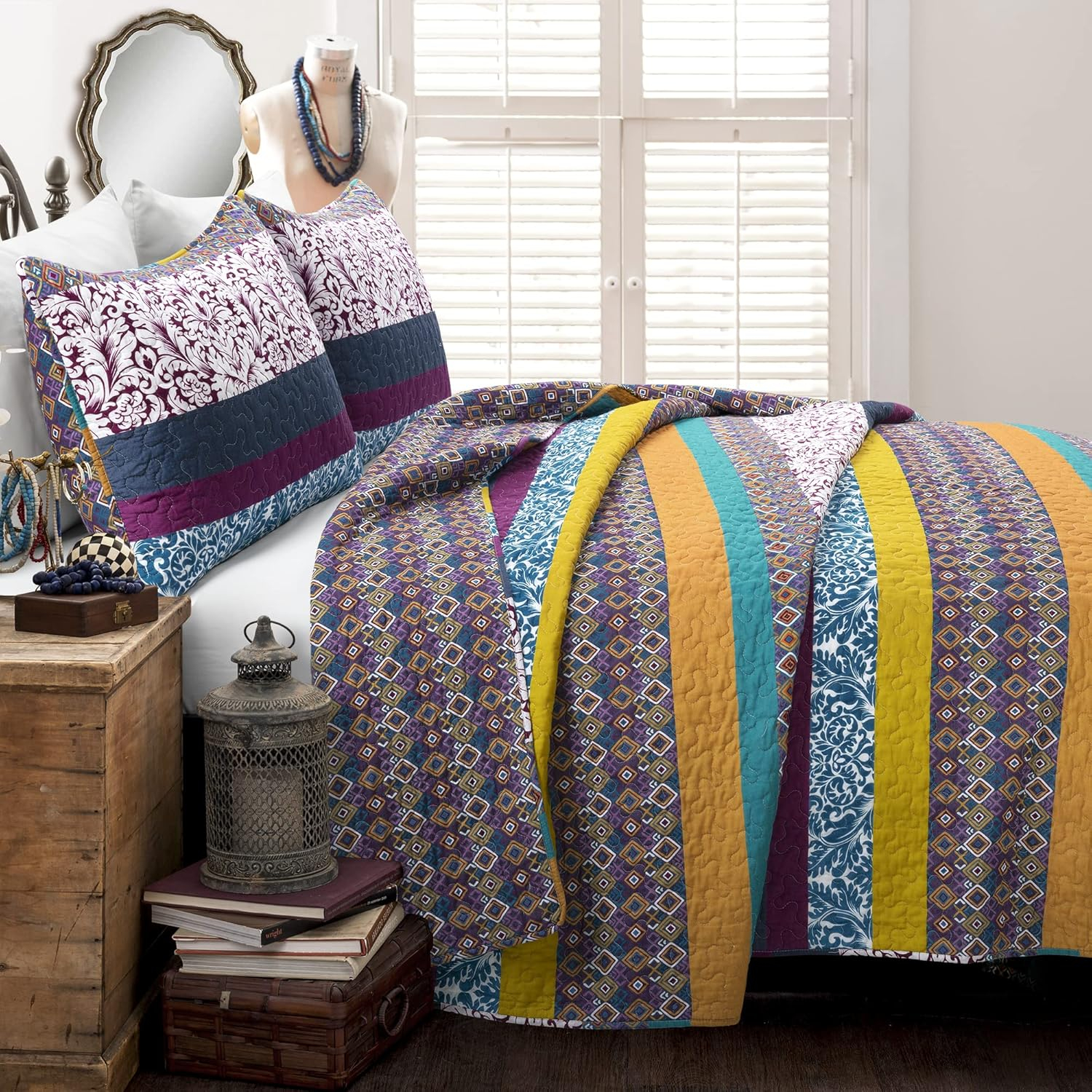 Boho Stripe Reversible Cotton Full/Queen Quilt Set in Plum and Yellow