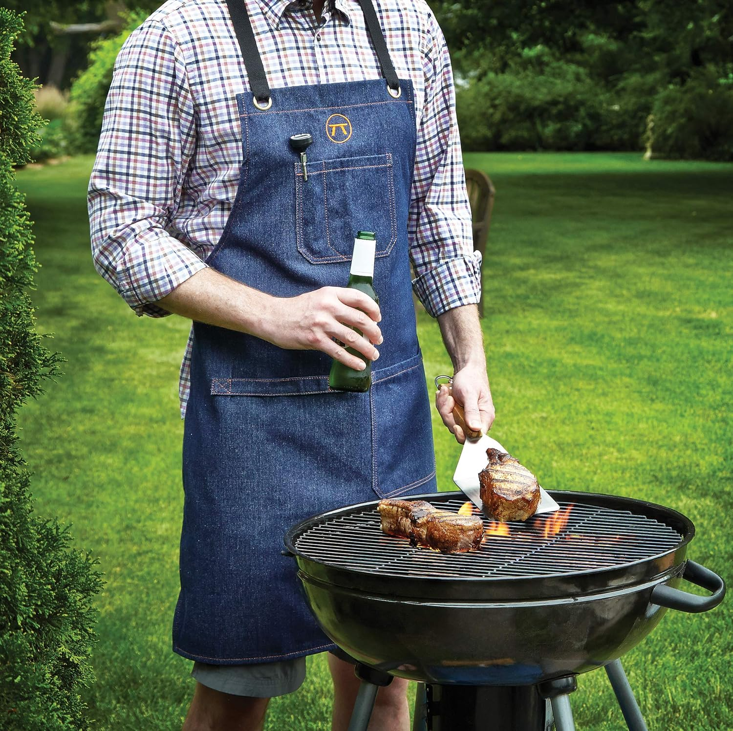 Outset Leather BBQ and Kitchen Apron, Men's and Women's, Blue Denim, Cross Back
