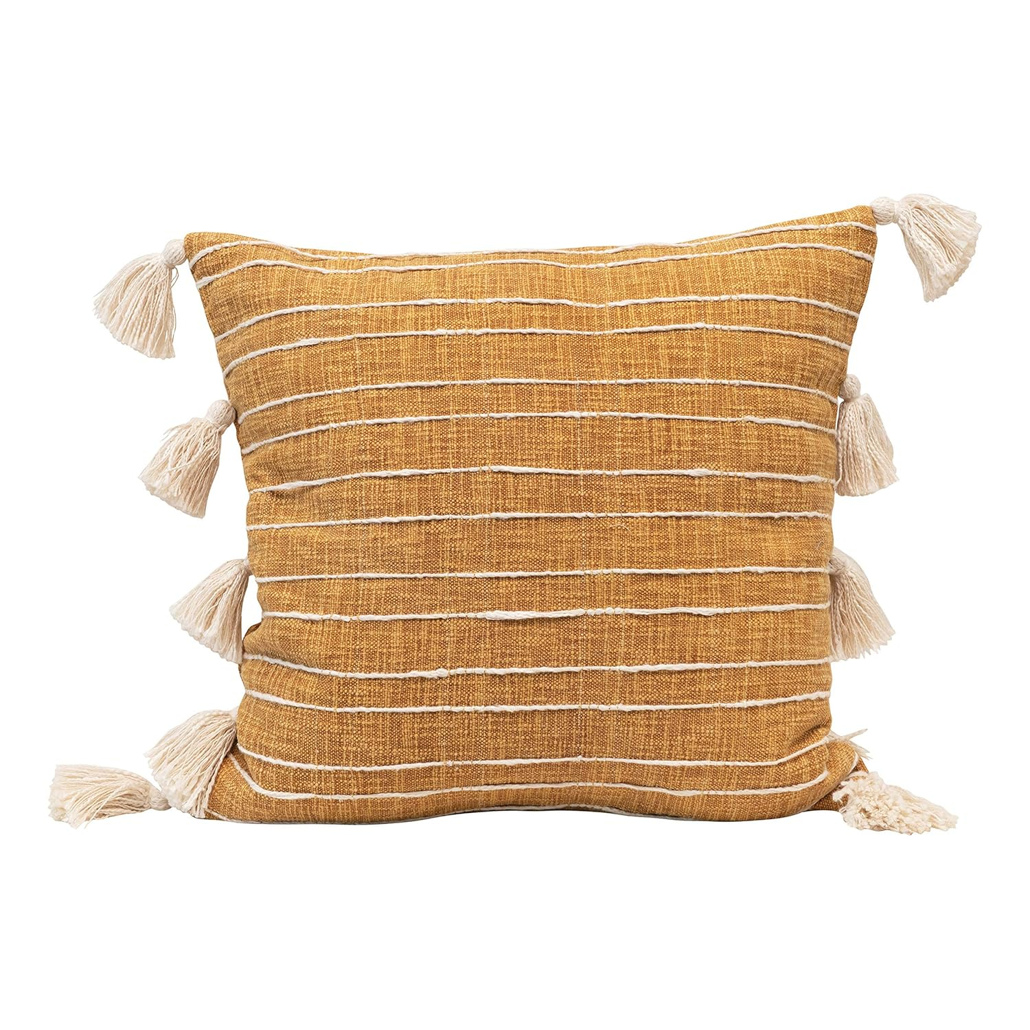 Creative Co-Op Creative Co-Op Woven Cotton Pillow with Appliqued Stripes and Tassels, Mustard and White