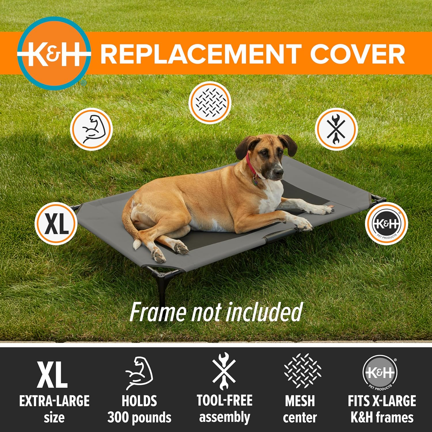 K&H Pet Products Original Pet Cot Replacement Cover (Cot Sold Separately) Gray/Black Mesh X-Large 50 X 32 Inches