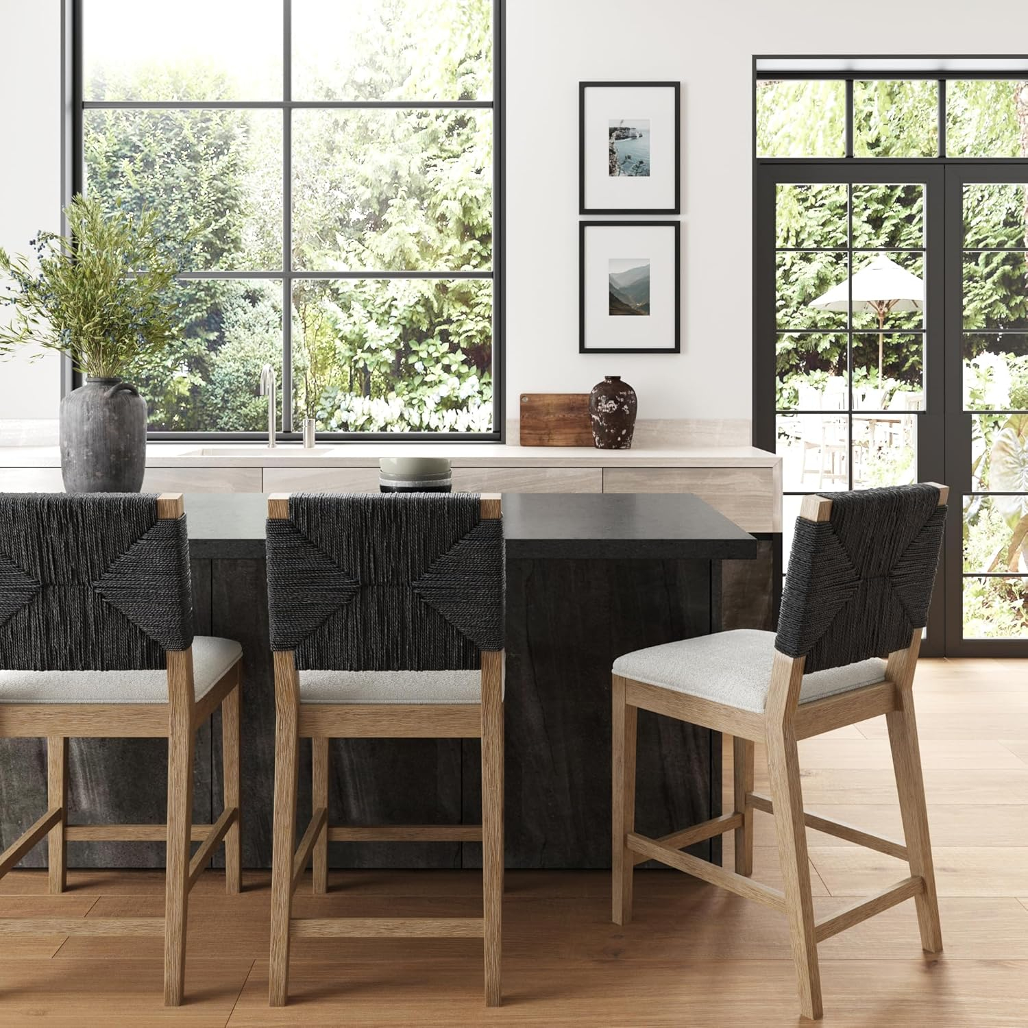 Nathan James Beacon Bohemian Boucle Bar Stool, Upholstered Bar Stool or Island Chairs for Kitchen, Seagrass Counter Height Stool with Back and Solid Wood Legs, Cream Boucle/Gray, Set of 2