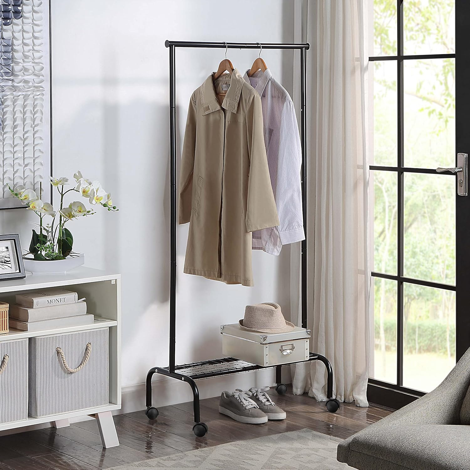 SunnyPoint Compact Rolling Garment Rack with Shelf – Heavy-Duty Metal Clothes Rack with Wheels and Bottom Shelf, 68” Tall, Black