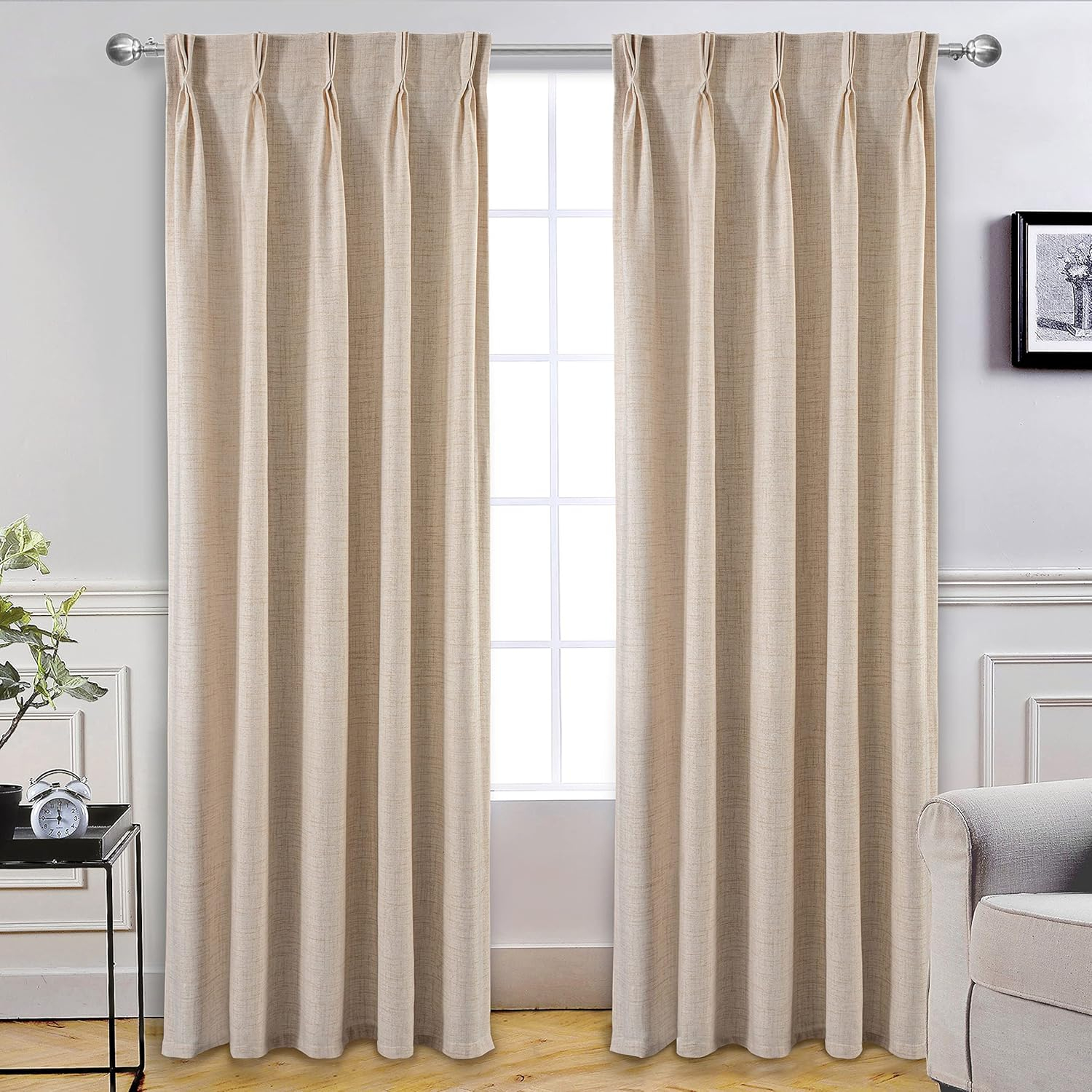 DriftAway Pinch Pleat Linen Textured Semi Sheer Solid Curtains Back Tabs Beige 30" Width X 96" Length