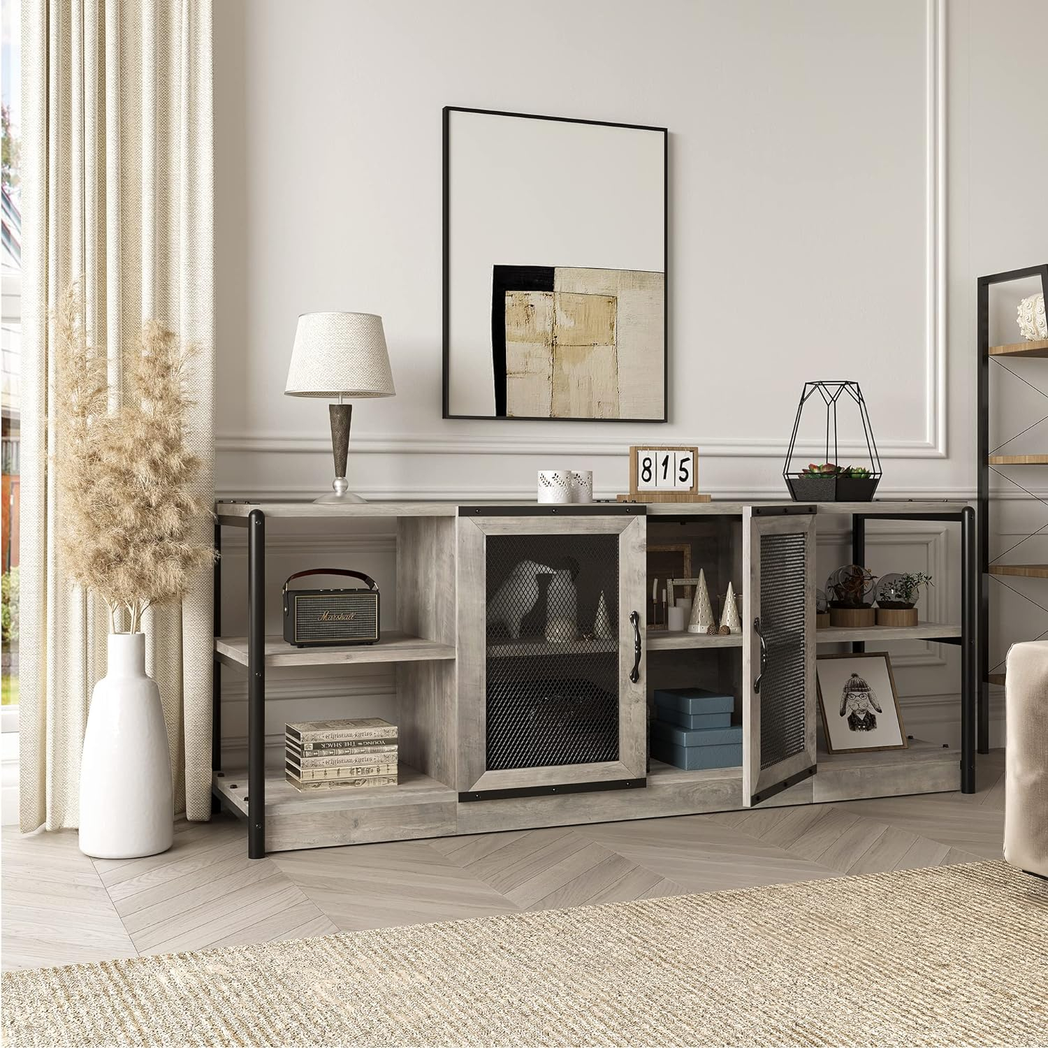 TV Stand Farmhouse Entertainment Center with Double Mesh Door Industrial TV Console Table with Storage Shelves for Televisions up to 65 inch