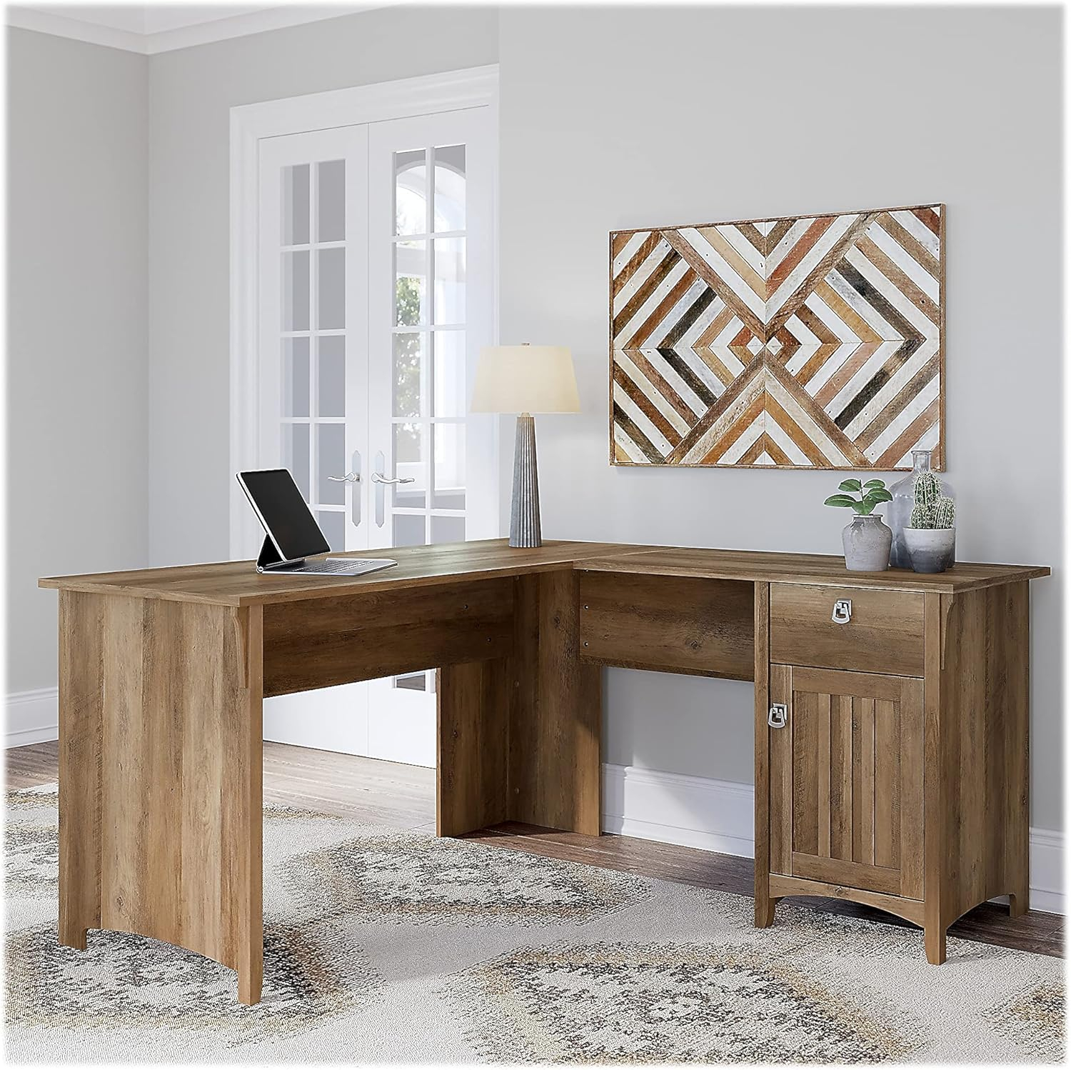 Bush Furniture Salinas 60" L Shaped Desk with Storage, Reclaimed Pine