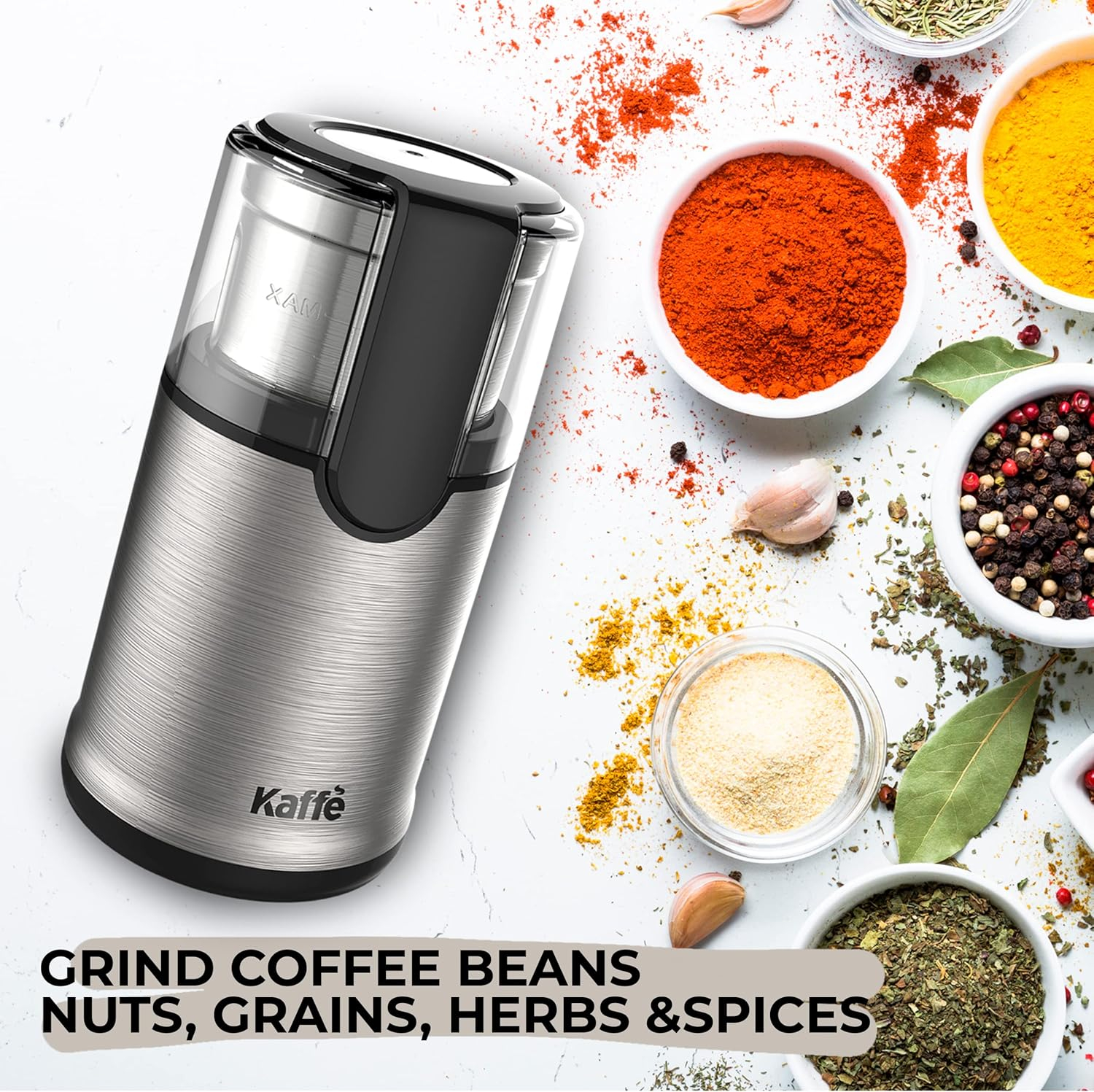Kaffe Electric Blade Coffee Grinder w/Removable Cup. 4.5oz 14-Cup Capacity. Cleaning Brush Included. Perfect Grinder for Coffee, Tea, Spices, Corn, Herbs. (Stainless Steel)