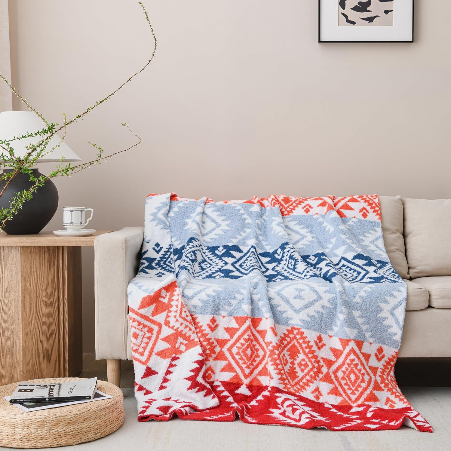 Super Soft Feather Knit Jacquard All Season Throw Blanket for Couch Bed Sofa, 50x60 inches, Cleo Aztec