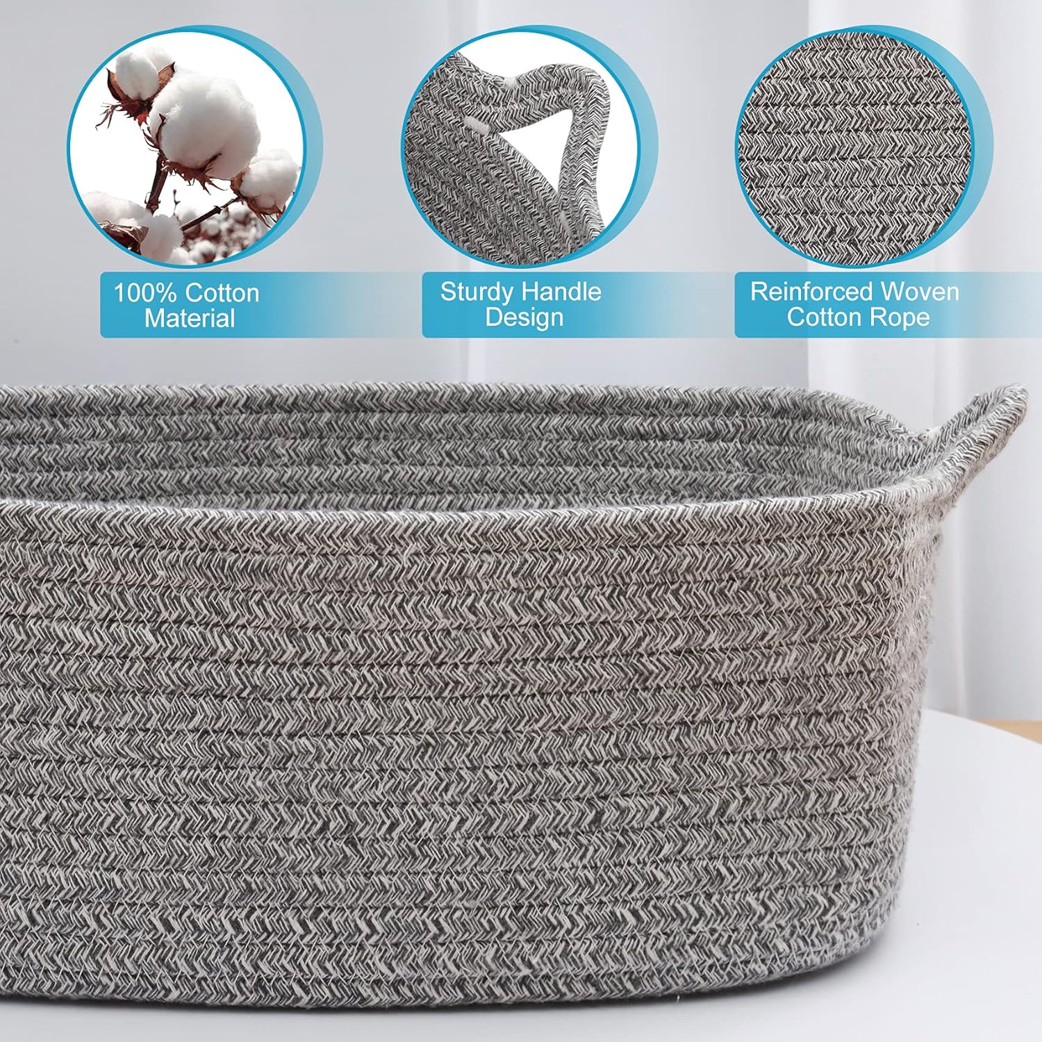ABenkle Rope Storage Basket, 14.2''x 11''x 5.1'' Cotton Woven Dog Cat Toy Bins, Cube Soft Baskets with Handles, Decorative Shelves Closet Organizing for Nursery Laundry Bedroom Bathroom