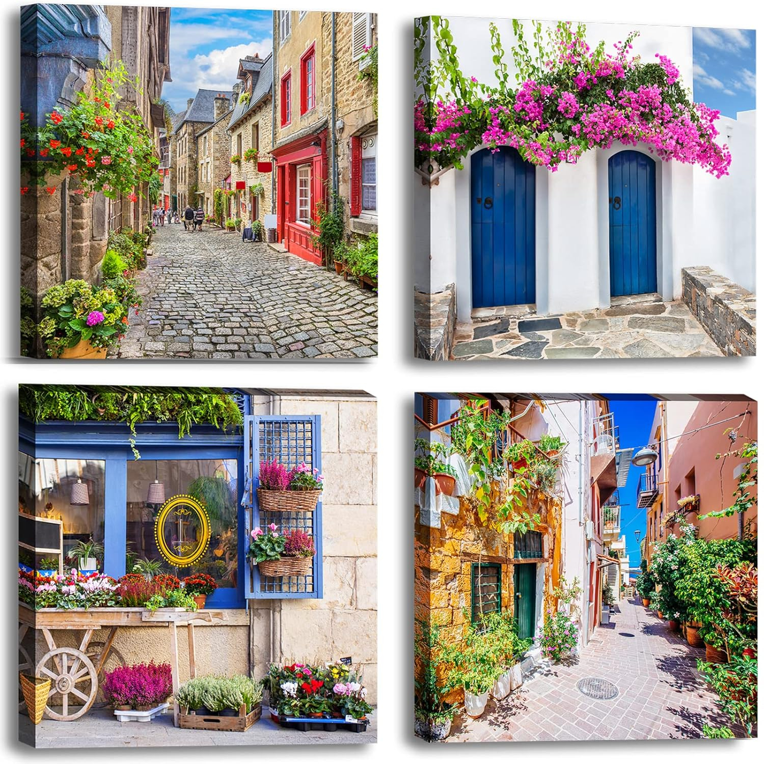 Italy Tuscan Wall Art, Colorful Nature Scenic Framed Pictures Canvas Prints, Modern Town Street Artwork Paintings for Living Room, Bedroom, Office Wall Decor