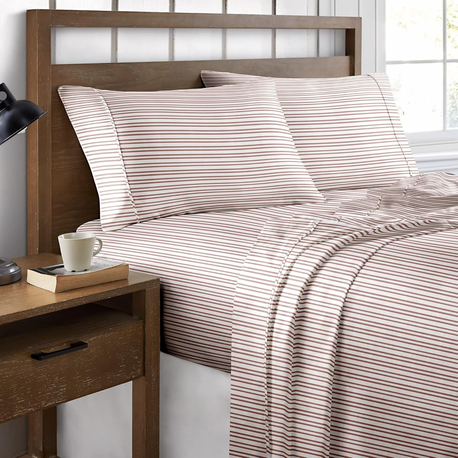 Brielle Home Printed 100% Cotton Percale Sheet Set, Spice Pinstripe, Twin