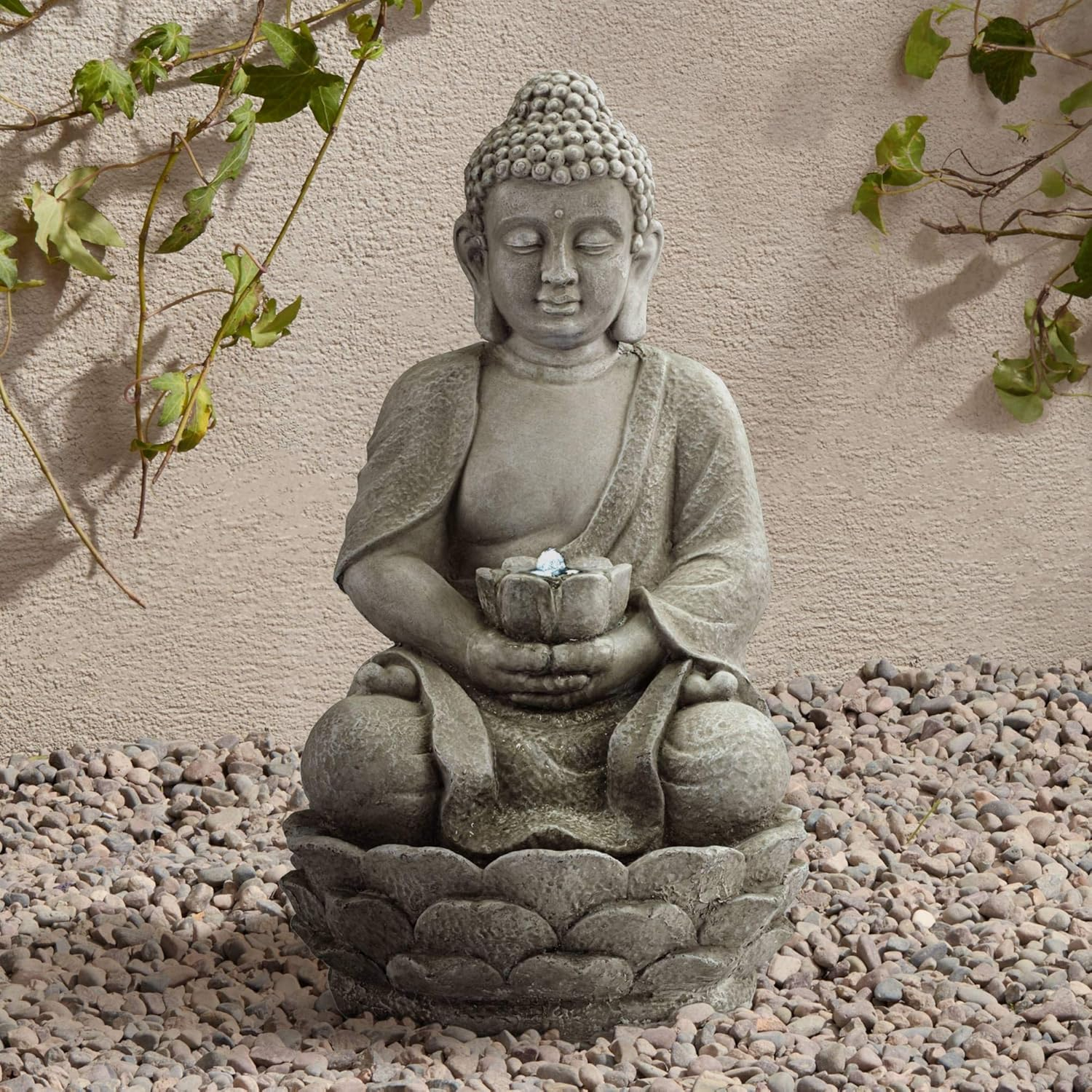 Zen Buddha Gray Resin Outdoor Fountain with LED Light