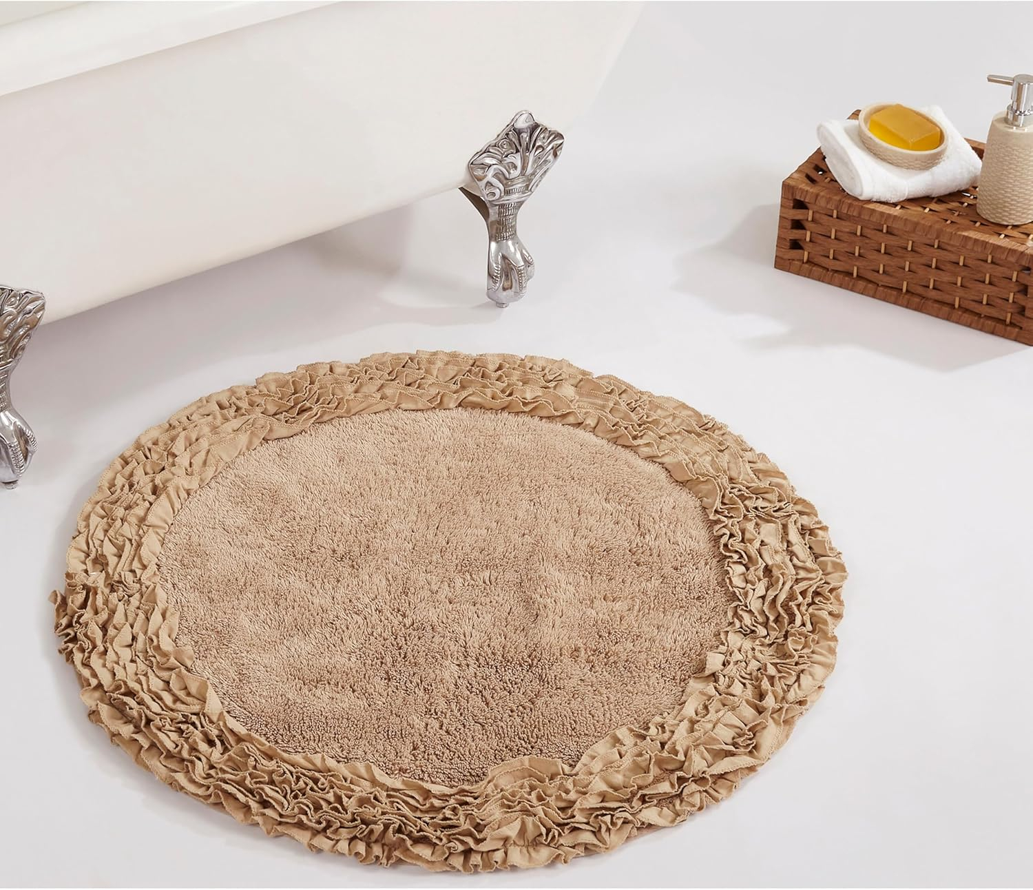 Better Trends 30'' x 30'' Round Shape Bathroom Rug with Non Slip Backing 100% Cotton Water Absorbent, Machine Washable, (Beige) Shaggy Border Collection