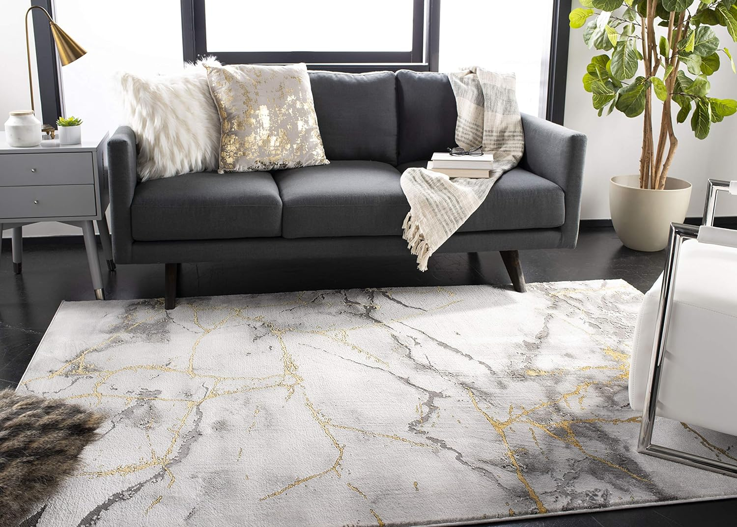 SAFAVIEH Craft Paul Abstract Marble Area Rug, 12' x 15', Grey/Gold