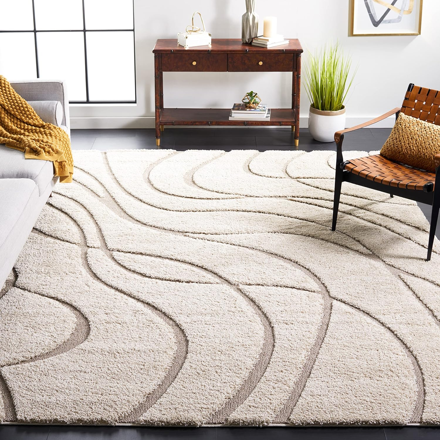 SAFAVIEH Florida Tamzen Abstract Shag Area Rug, Cream/Beige, 6'7" x 6'7" Square