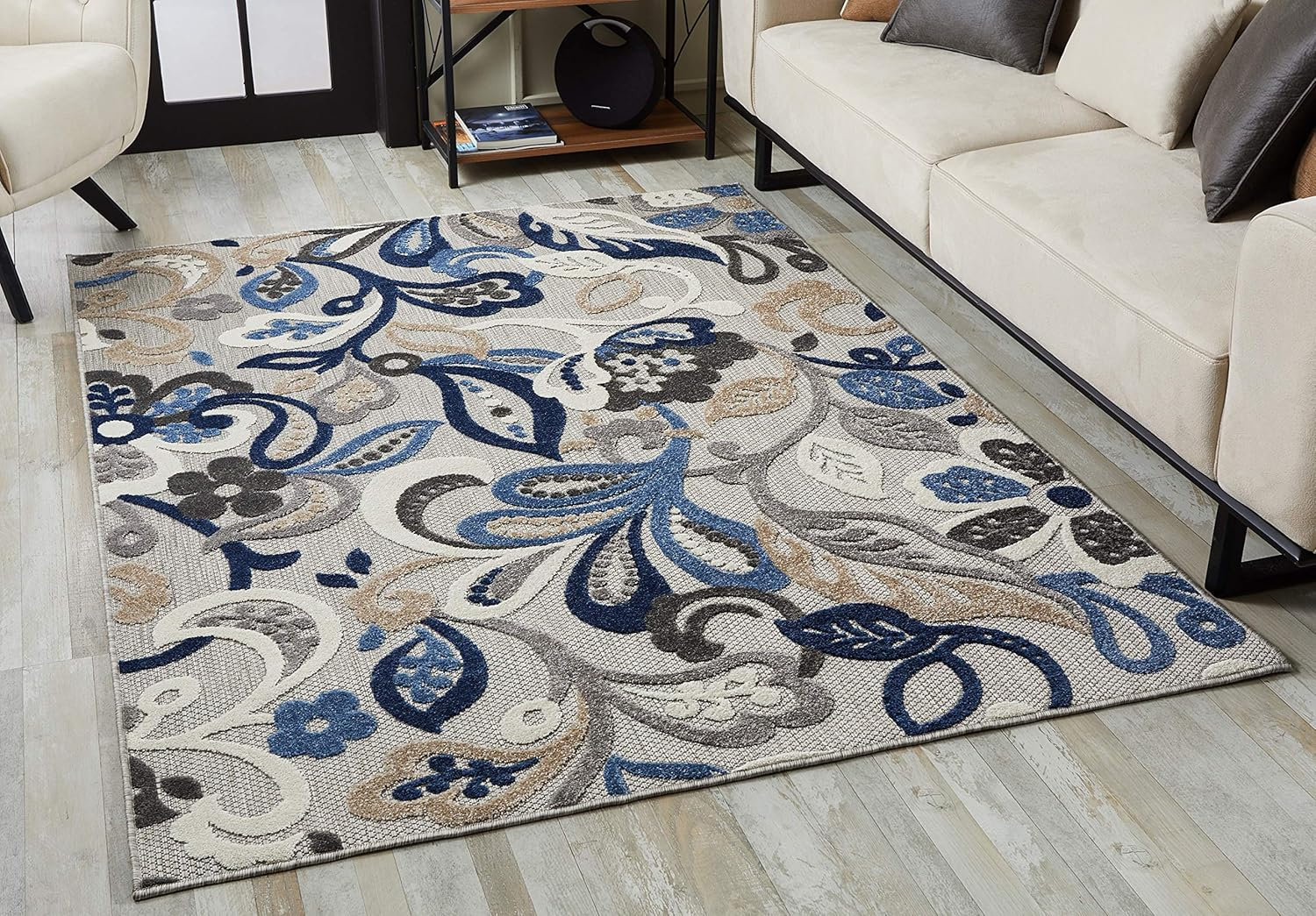 Medium Blue and Gray Synthetic Stain-Resistant Rectangular Rug