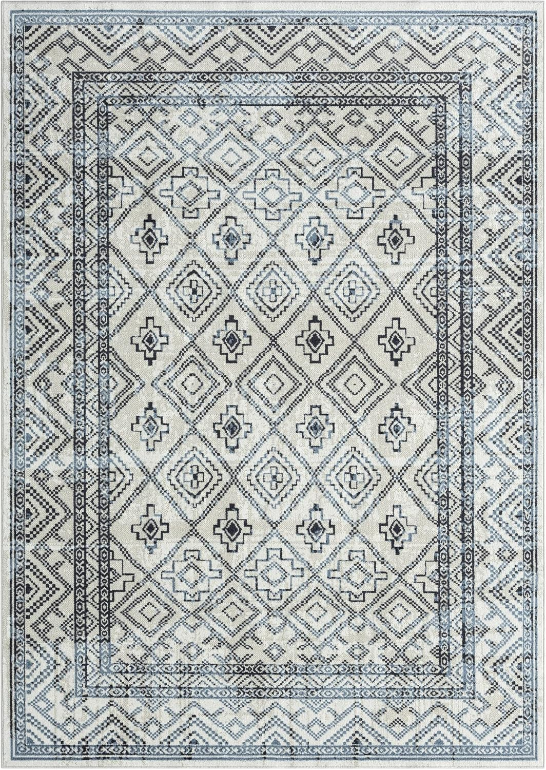 Home Dynamix Everwash Treasure Cambria Southwest Geometric Machine Washable Area Rug, Beige/Navy Blue, 5'2"x7'2"