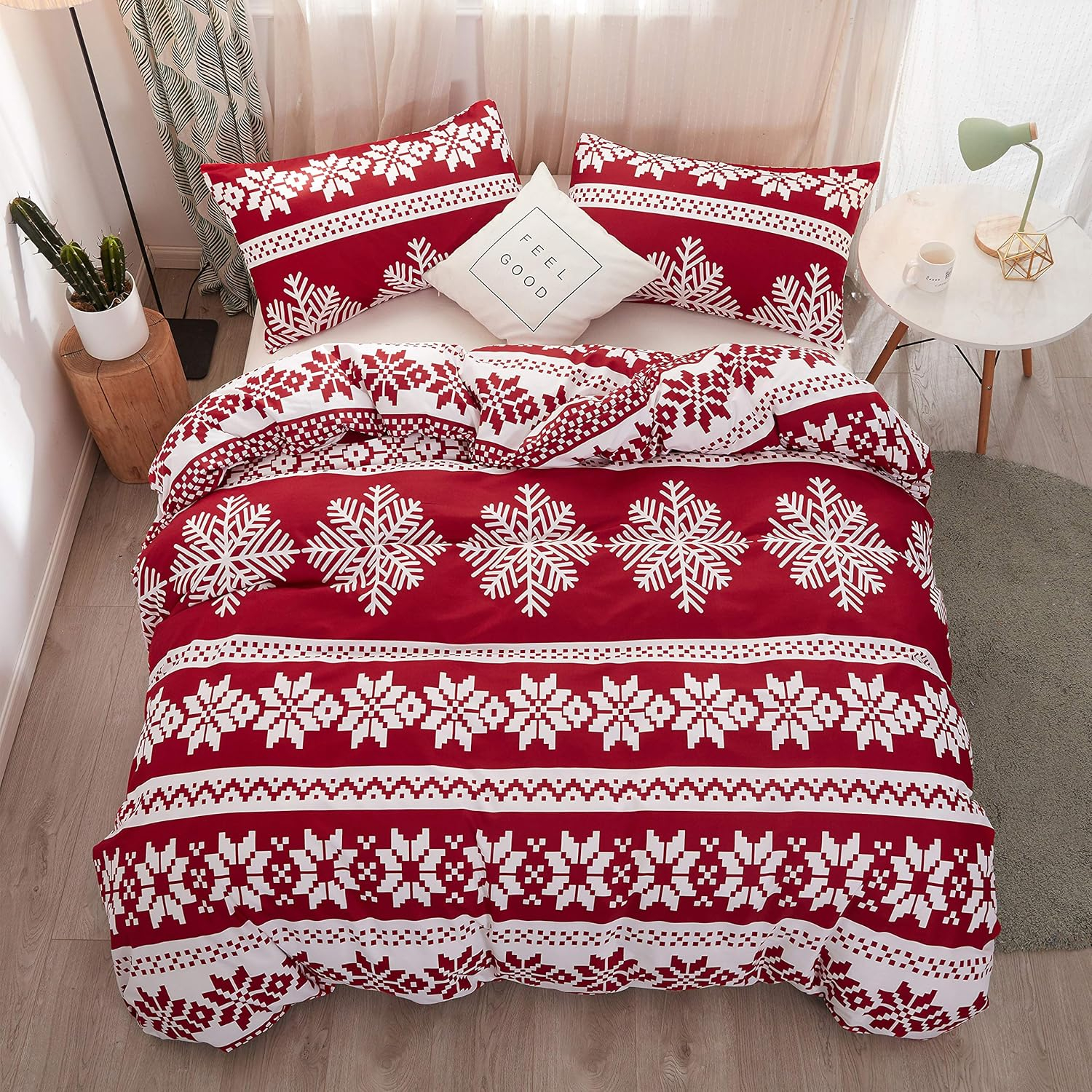 LAMEJOR Christmas Duvet Cover Set King Size Snowflake Pattern Holiday Bedding Set Comforter Cover(1 Duvet Cover+2 Pillowcases) Red