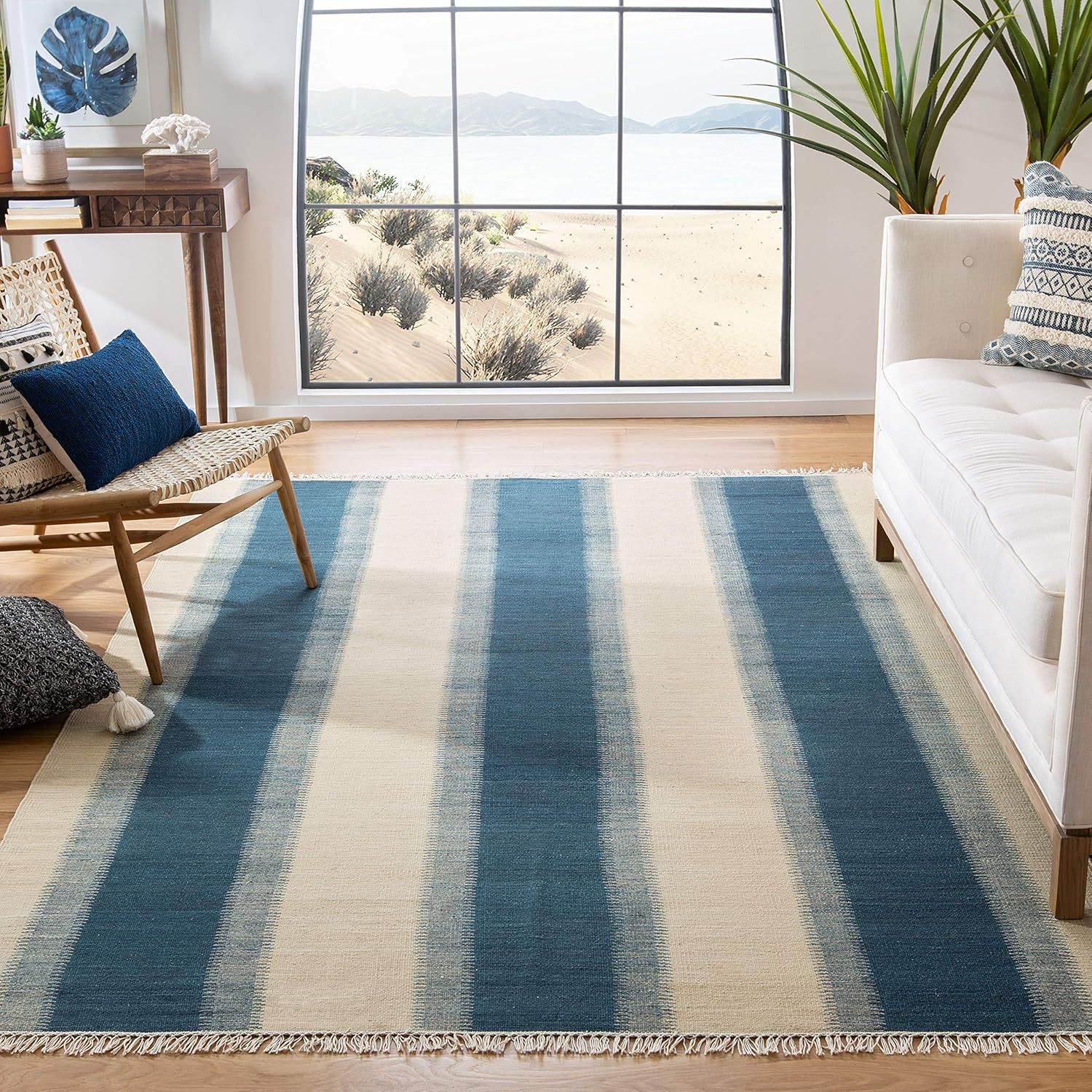 SAFAVIEH Kilim Colten Solid Striped Wool Area Rug, Blue/Ivory, 8' x 10'
