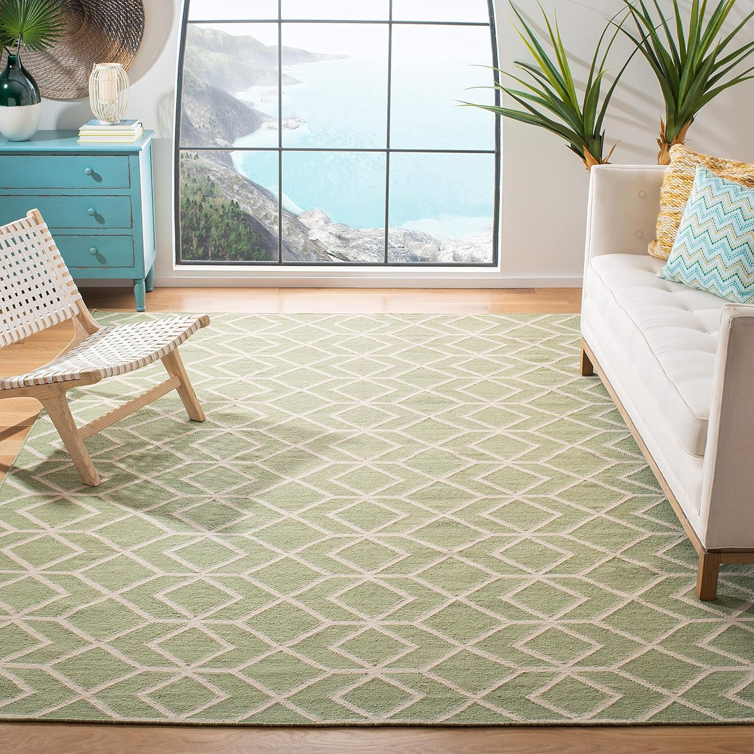 SAFAVIEH Dhurries Addison Geometric Area Rug, Sage/Ivory, 8' x 8' Square