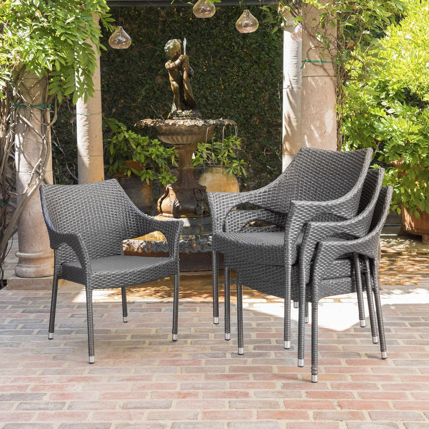 GDF Studio Nazir Outdoor Wicker Stacking Dining Chairs, Set of 4, Gray