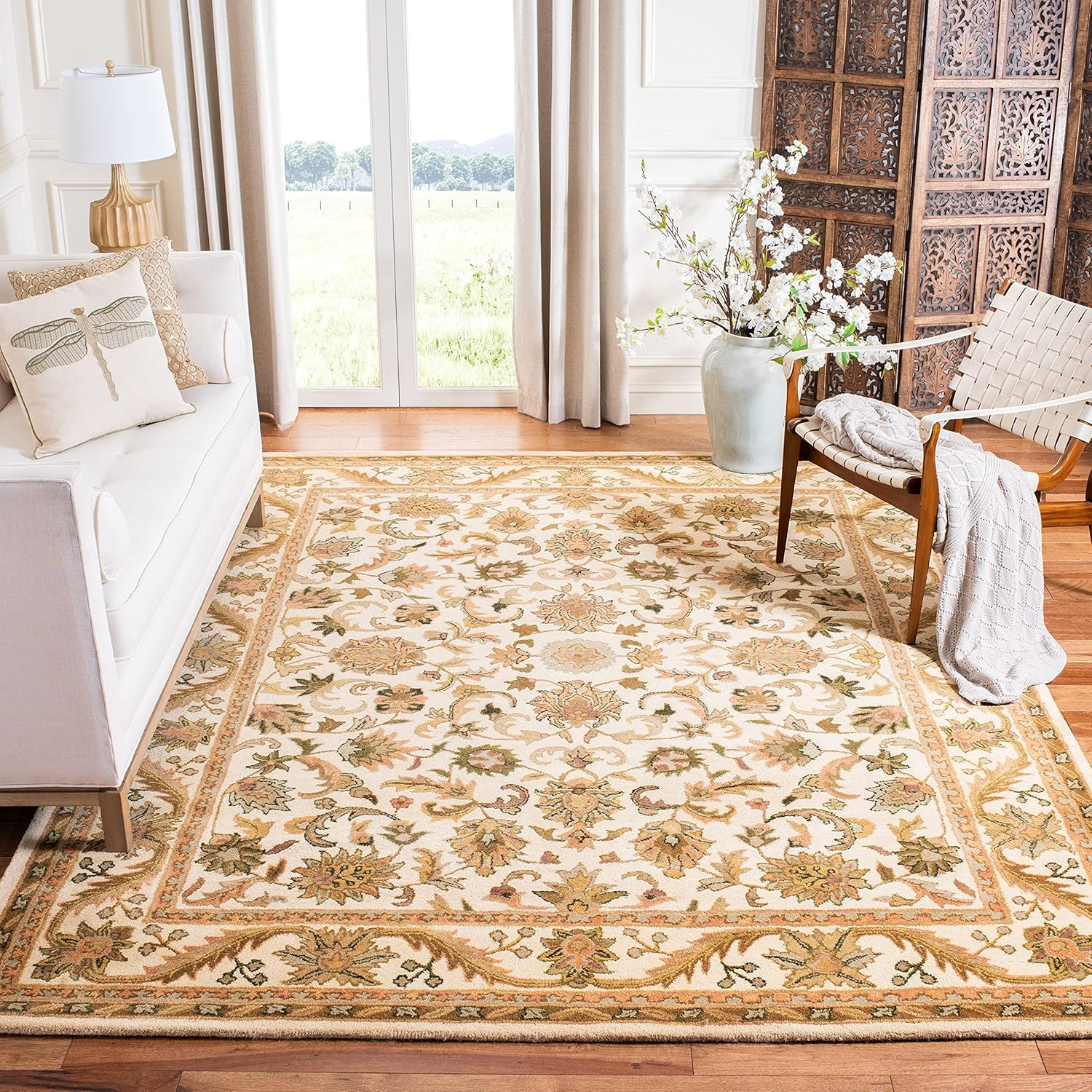 SAFAVIEH Antiquity Carmella Floral Bordered Wool Area Rug, Blue/Gold, 9'6" x 13'6"