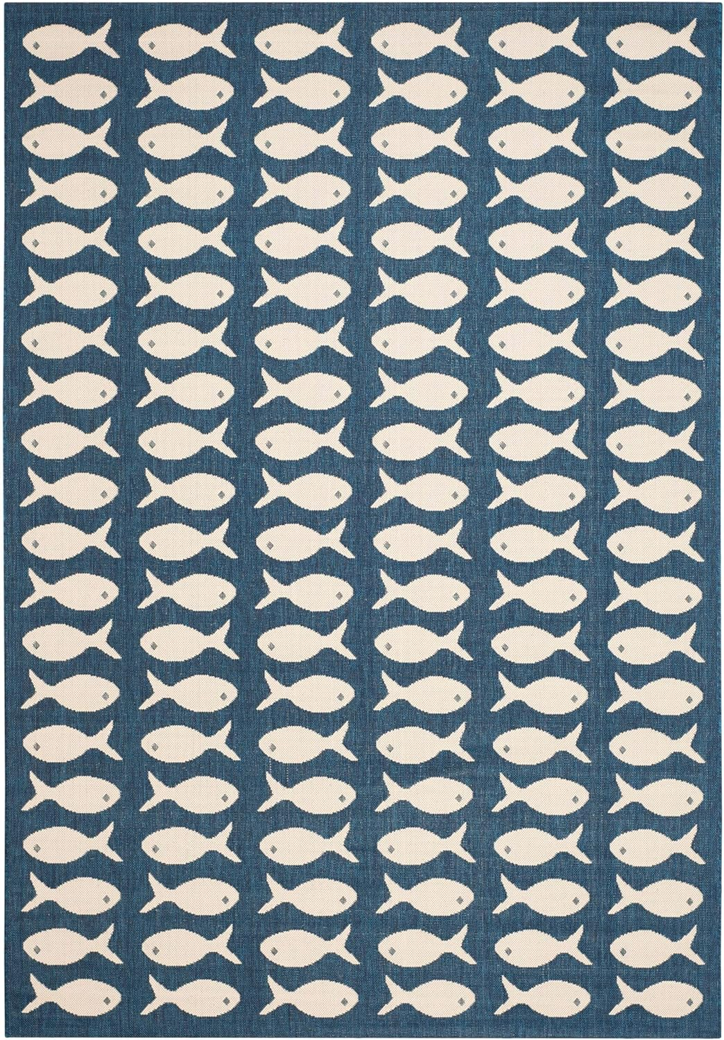 SAFAVIEH Courtyard Tranter Fishes Indoor/Outdoor Area Rug, Navy/Beige, 5'3" x 7'7"