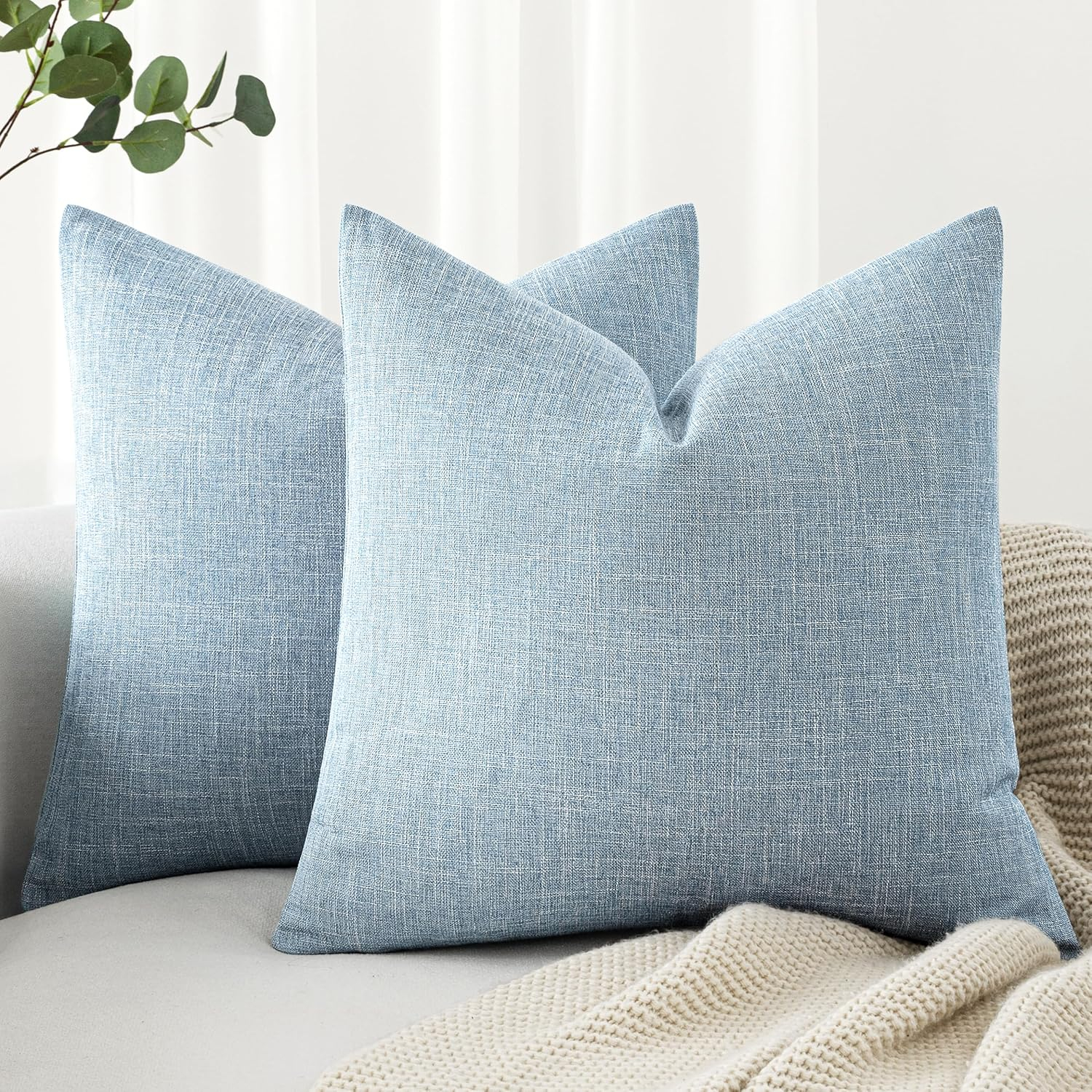 MIULEE Pack of 2 Decorative Linen Burlap Coastal Pillow Covers Farmhouse Boho Accent Pillowcases for Sofa Car Couch Bedroom Living Room Home Decor 18x18 Inch Light Blue