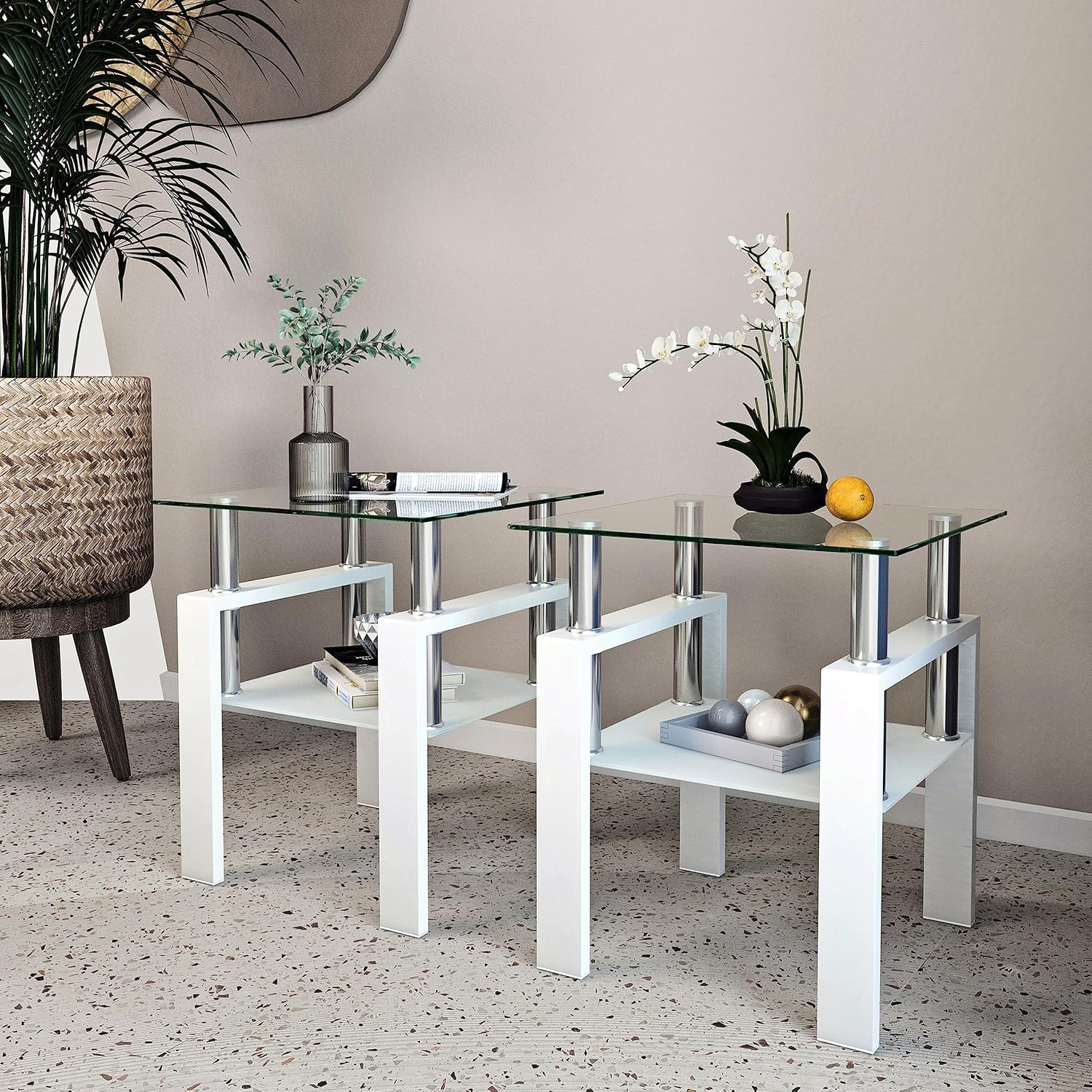 2-Tier Tempered Glass End Table Set of 2, Modern Sofa Side Table with Open Storage Shelf, Steel Pipe and Metal Legs, Square Tea Table, Glass Nightstand for Living Room Bedroom Office, White