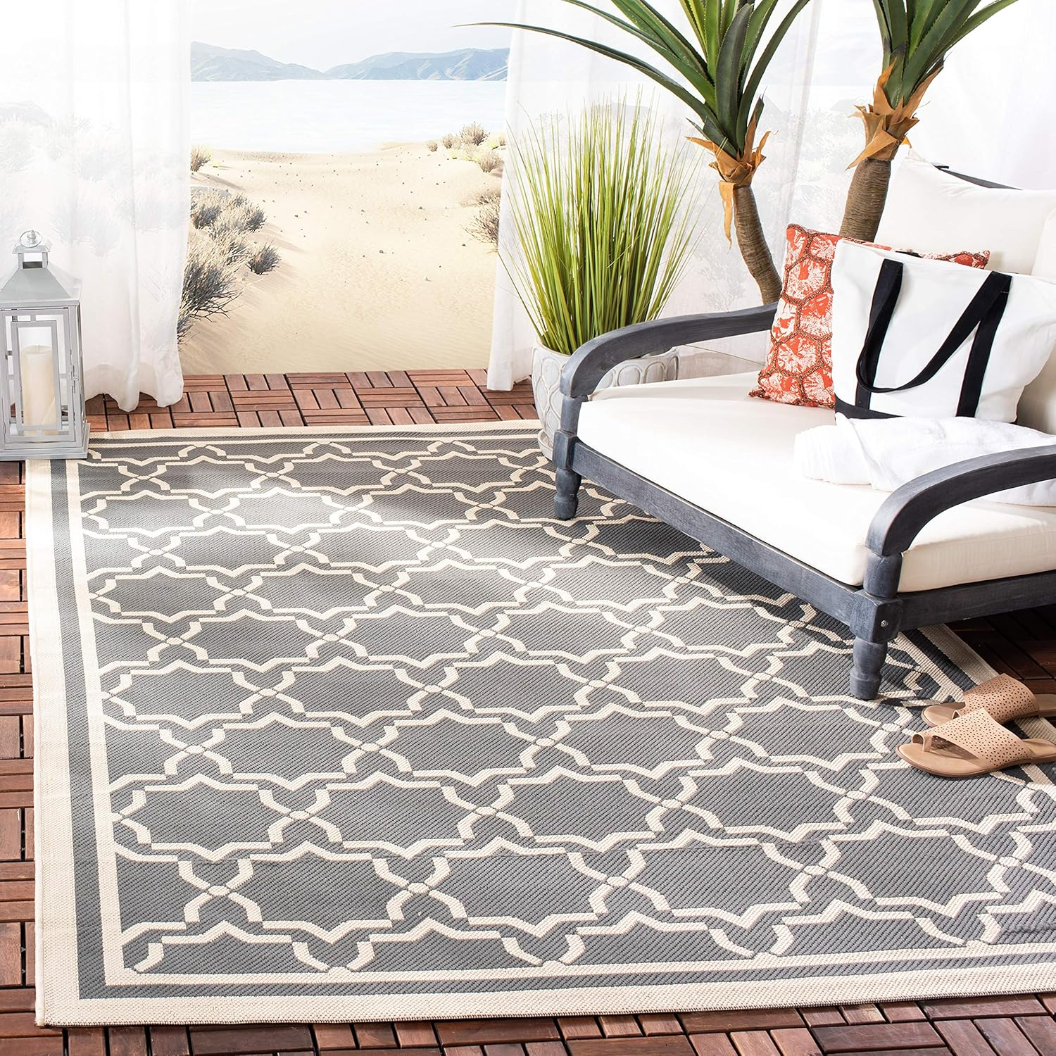 SAFAVIEH Courtyard Allison Oriental Indoor/Outdoor Area Rug, Anthracite/Beige, 2'7" x 5'