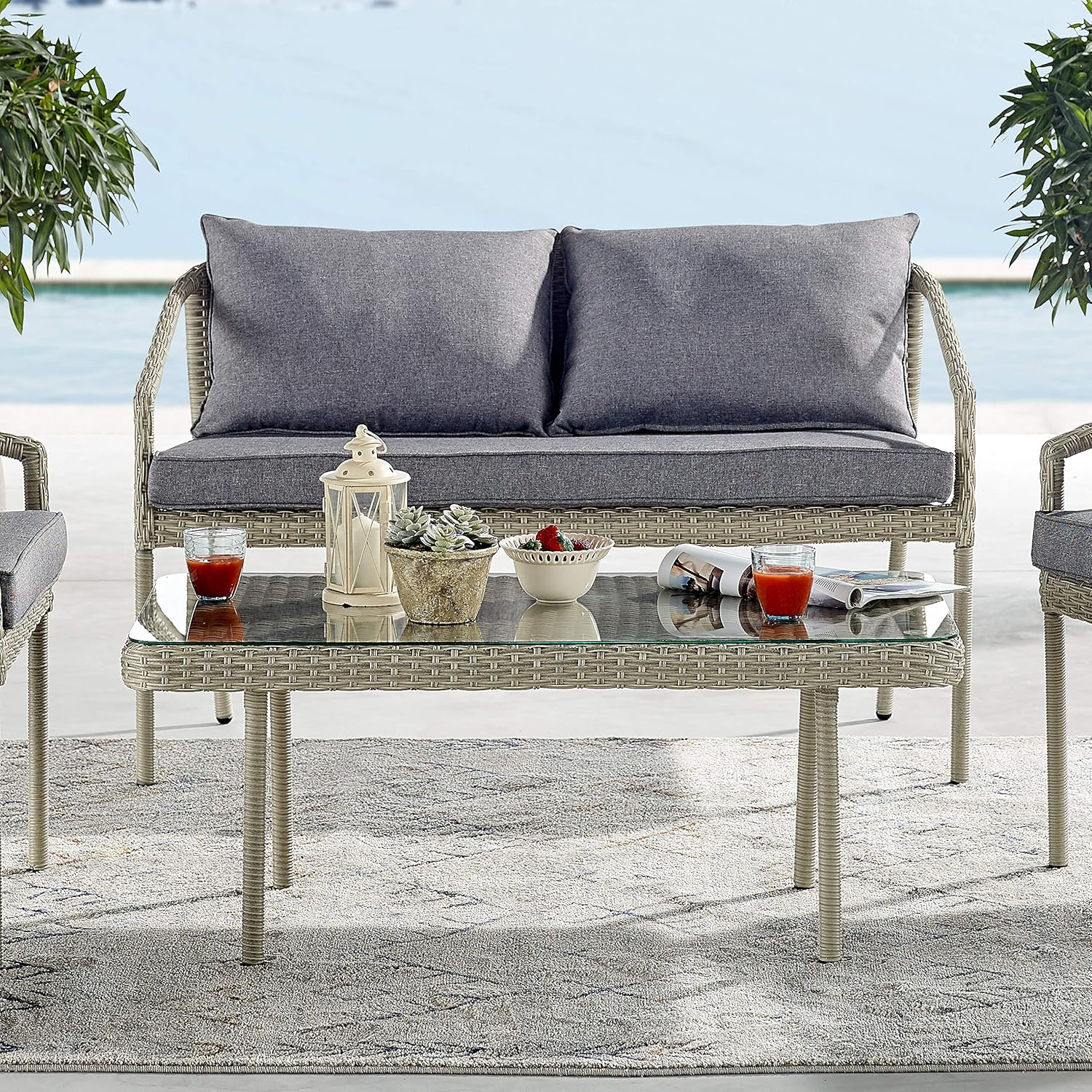 Windham All-Weather Wicker Two-Seat Outdoor Light Gray Bench with Dark Gray Cushions