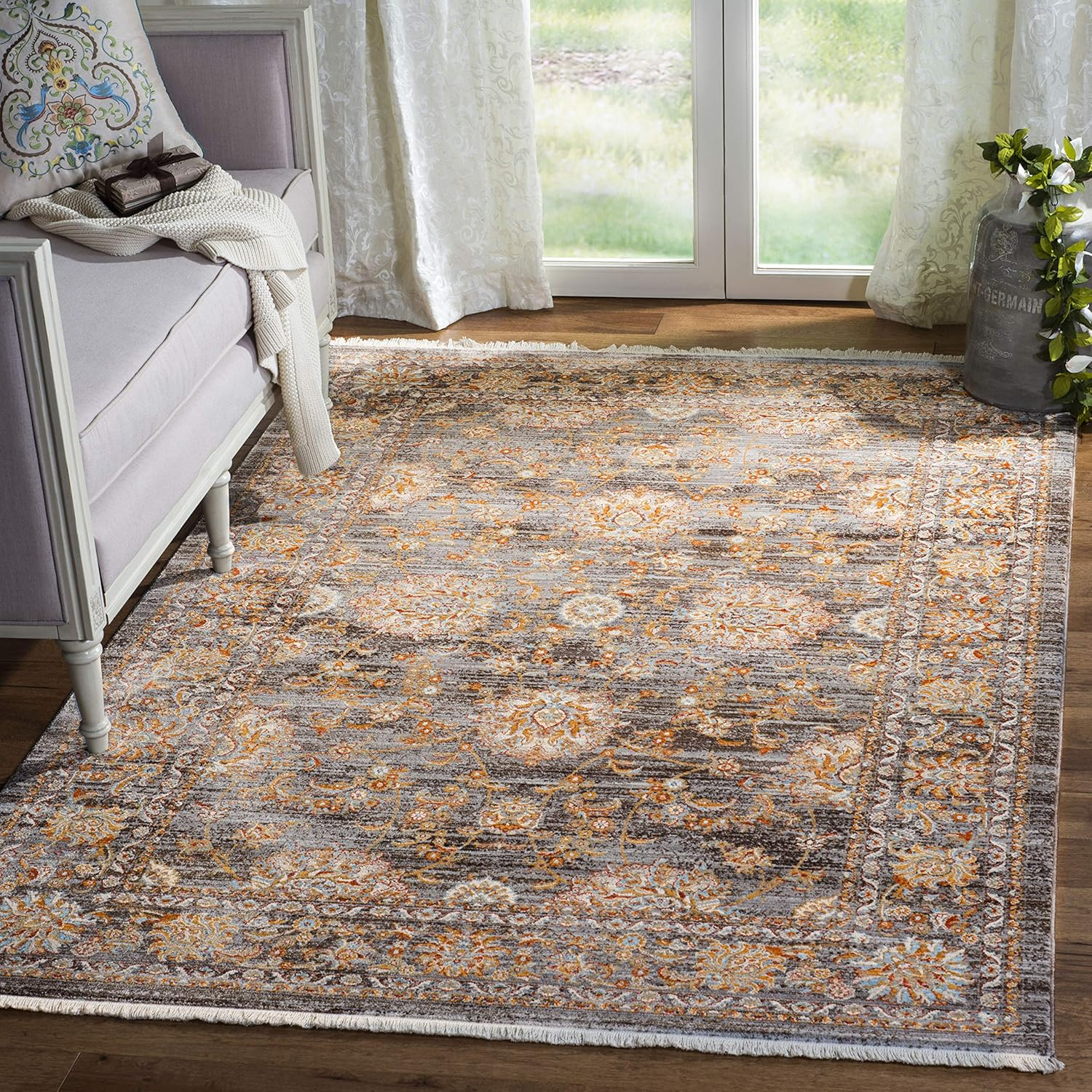 SAFAVIEH Vintage Persian Maggie Distressed Polyester Area Rug, Light Brown/Multi, 8' x 10'