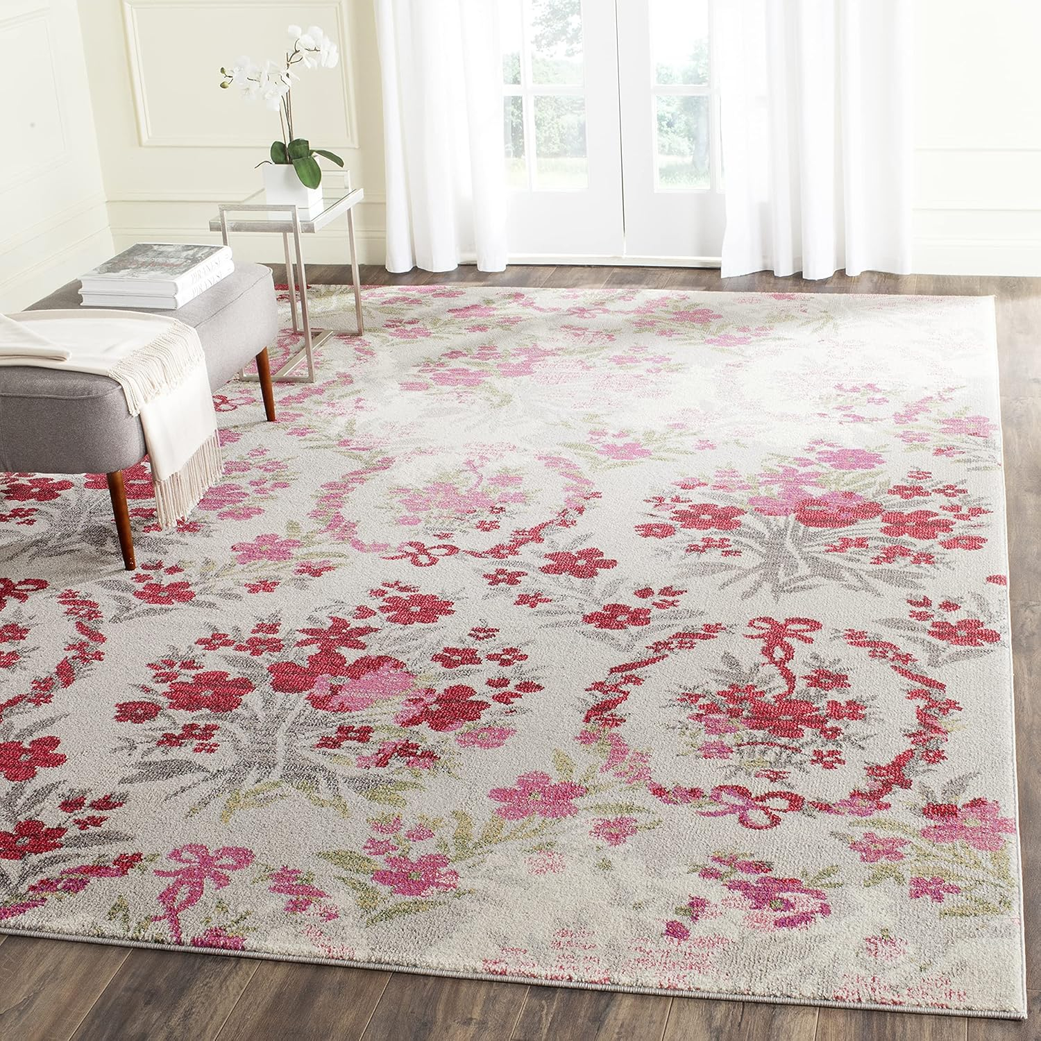 SAFAVIEH Monaco Cyan Floral Area Rug, Ivory/Pink, 9' x 12'