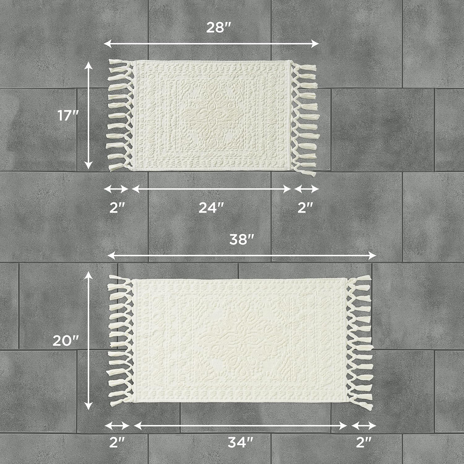 French Connection Nellore Bathroom Rugs, Set of 2 Woven and Beaded Bathroom Mats, Durable Bath Rugs, Thick Bath Mats for Bathroom and Shower Rugs, 17" x 28" and 20" x 38", Ivory