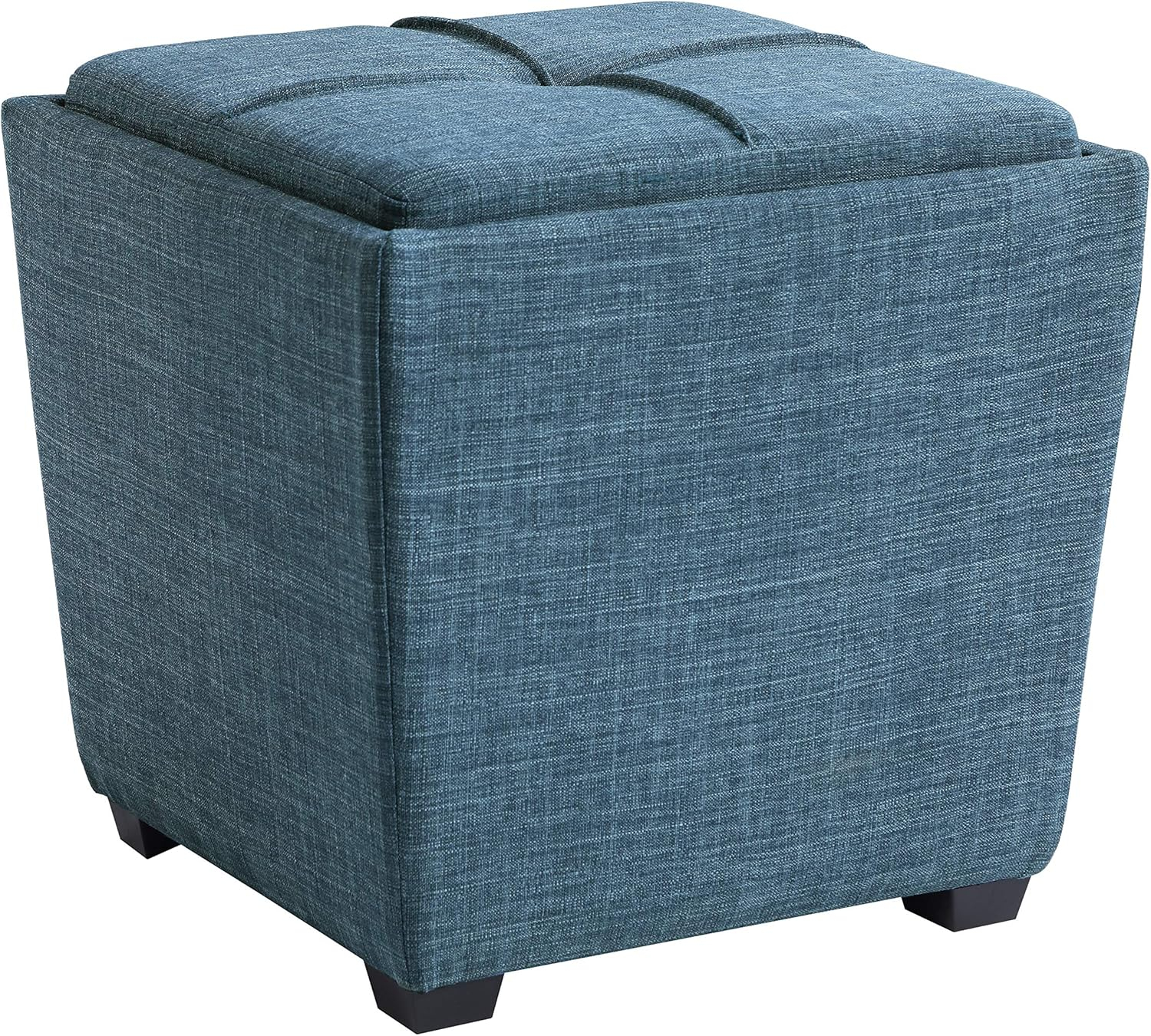 OSP Home Furnishings Ave Six Rockford Square Storage Ottoman with Padded Upholstery and Hidden Serving Tray, Blue Fabric