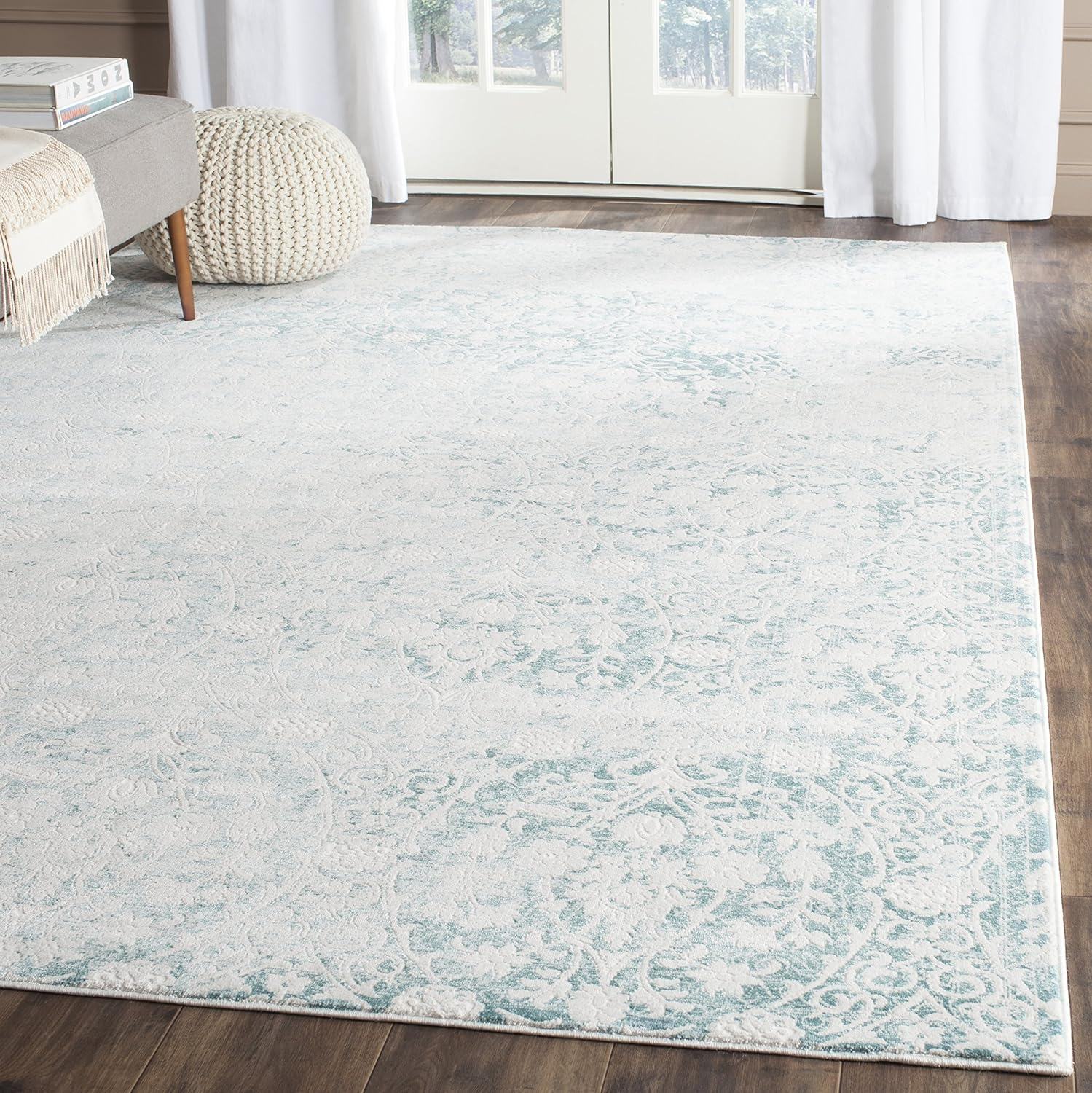 SAFAVIEH Passion Madrid Faded Damask Area Rug, Turquoise/Ivory, 8' x 11'