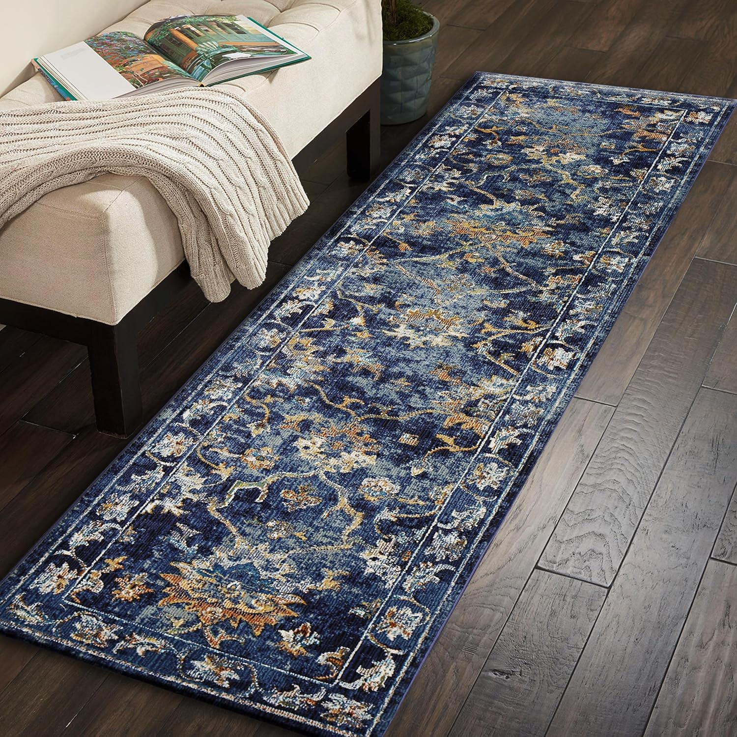 LR Home Ada 2'3" x 8'9" Indigo Bordered Floral Durable Indoor Area Rug
