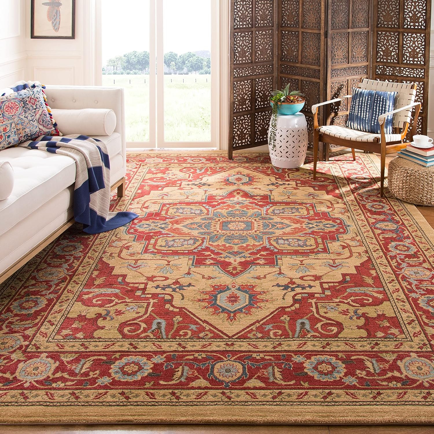 Safavieh Mahal Tangier 9 x 12 (ft) Loomed Polypropylene Red/Natural Rectangular Indoor Floral/Botanical Oriental Area rug