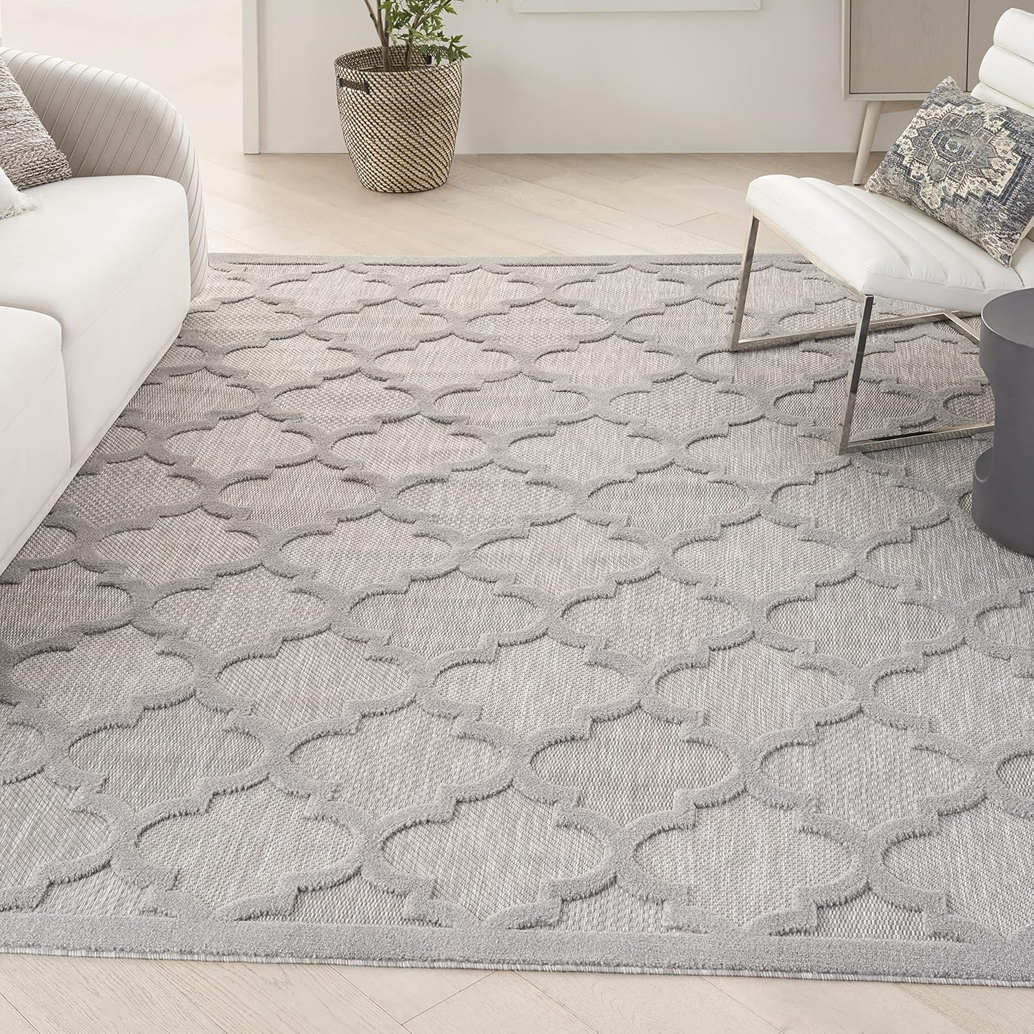 Silver Grey Trellis Square Indoor/Outdoor Easy Care Rug