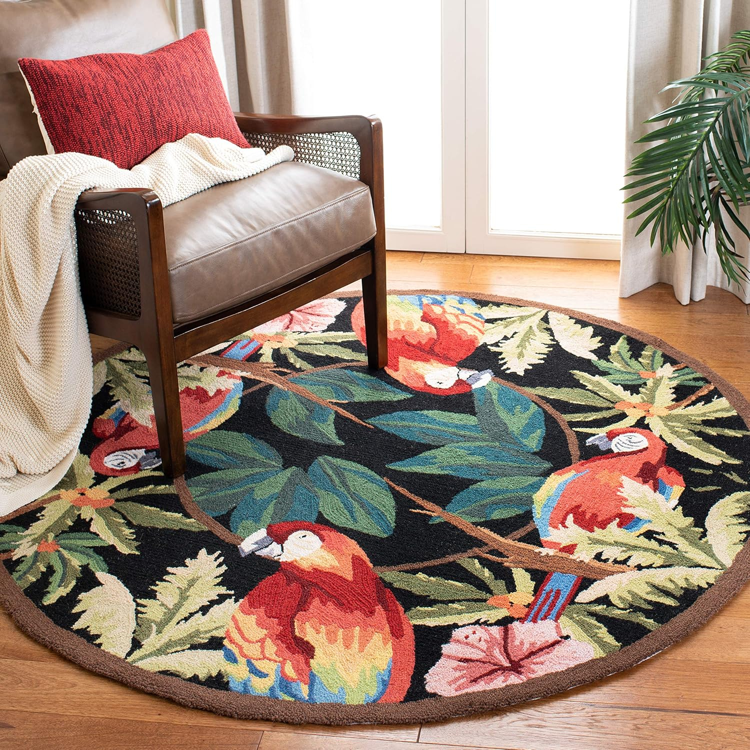 SAFAVIEH Chelsea Dewayne Parrot Lovers Wool Area Rug, Black, 3' x 3' Round