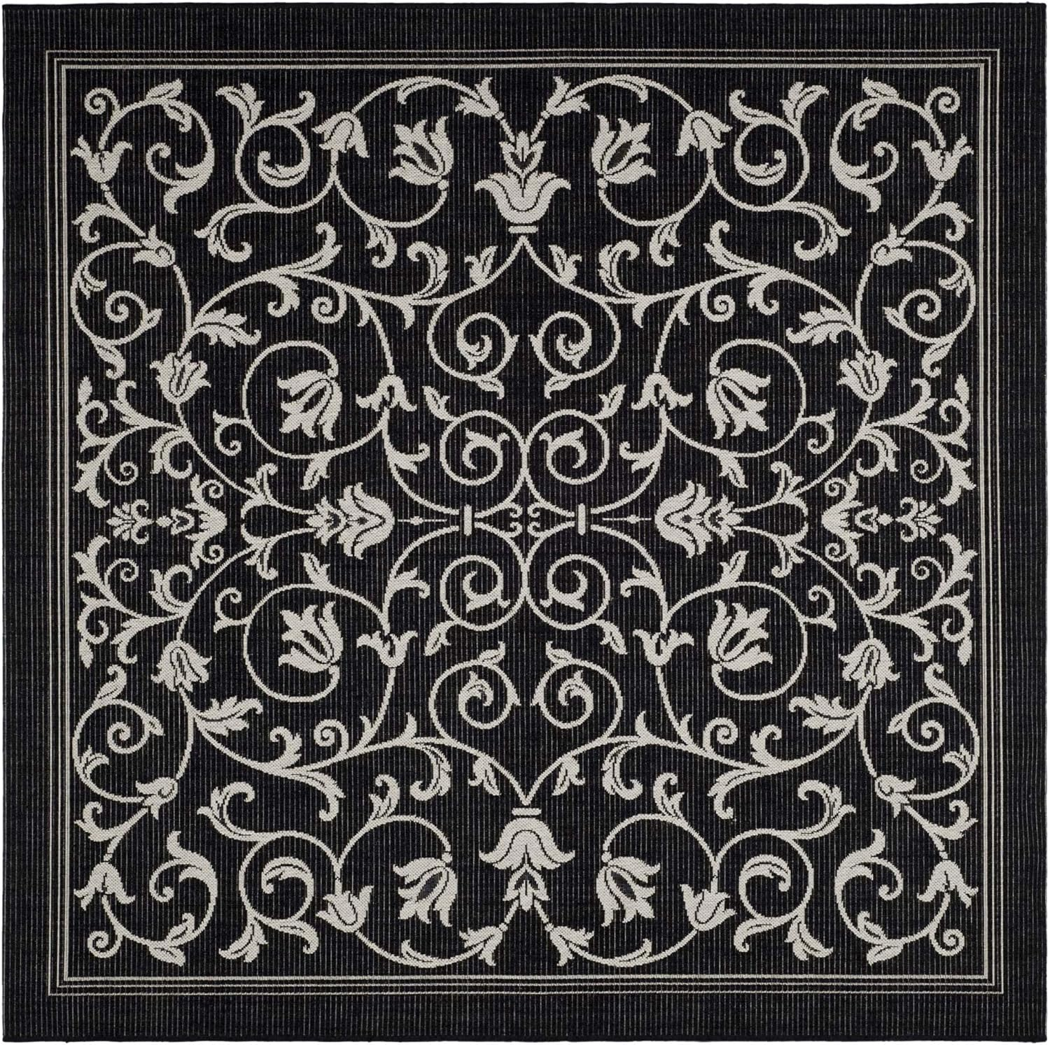SAFAVIEH Courtyard Nanda Floral Indoor/Outdoor Area Rug, 6'7" x 6'7" Square, Black/Sand